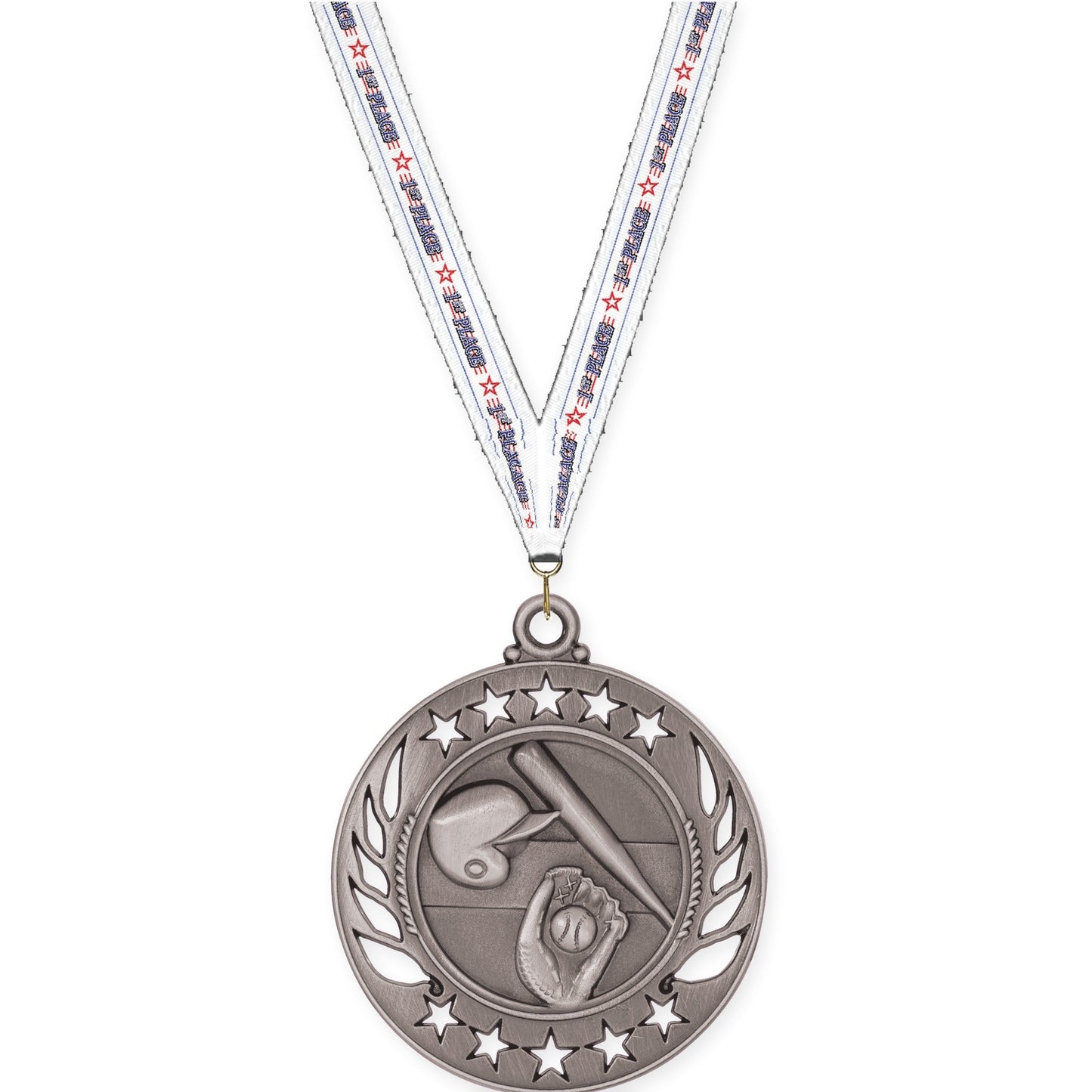2 1/4 inch baseball and softball Galaxy medal in antique silver with 1st Place neck ribbon