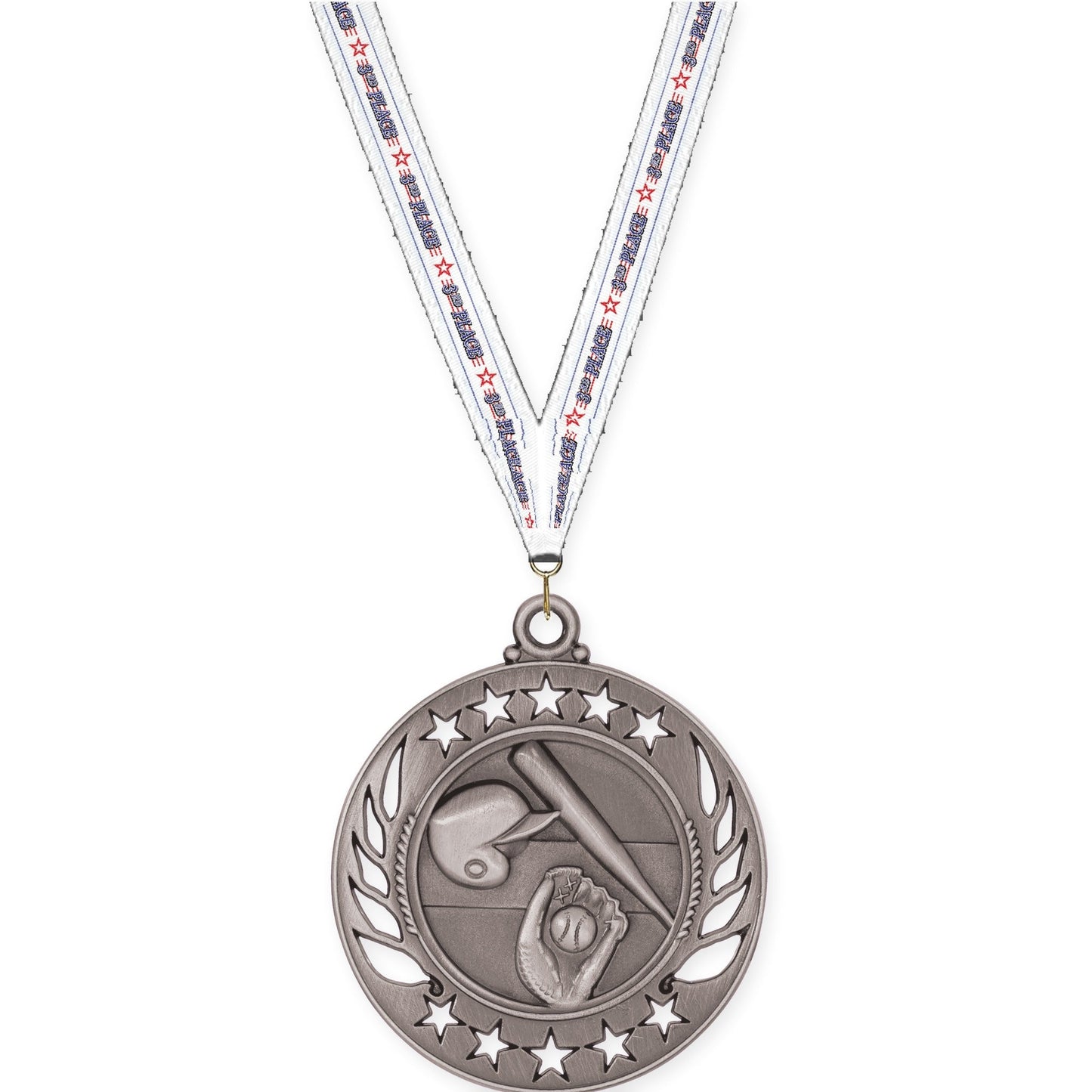 2 1/4 inch baseball and softball Galaxy medal in antique silver with 3rd Place neck ribbon