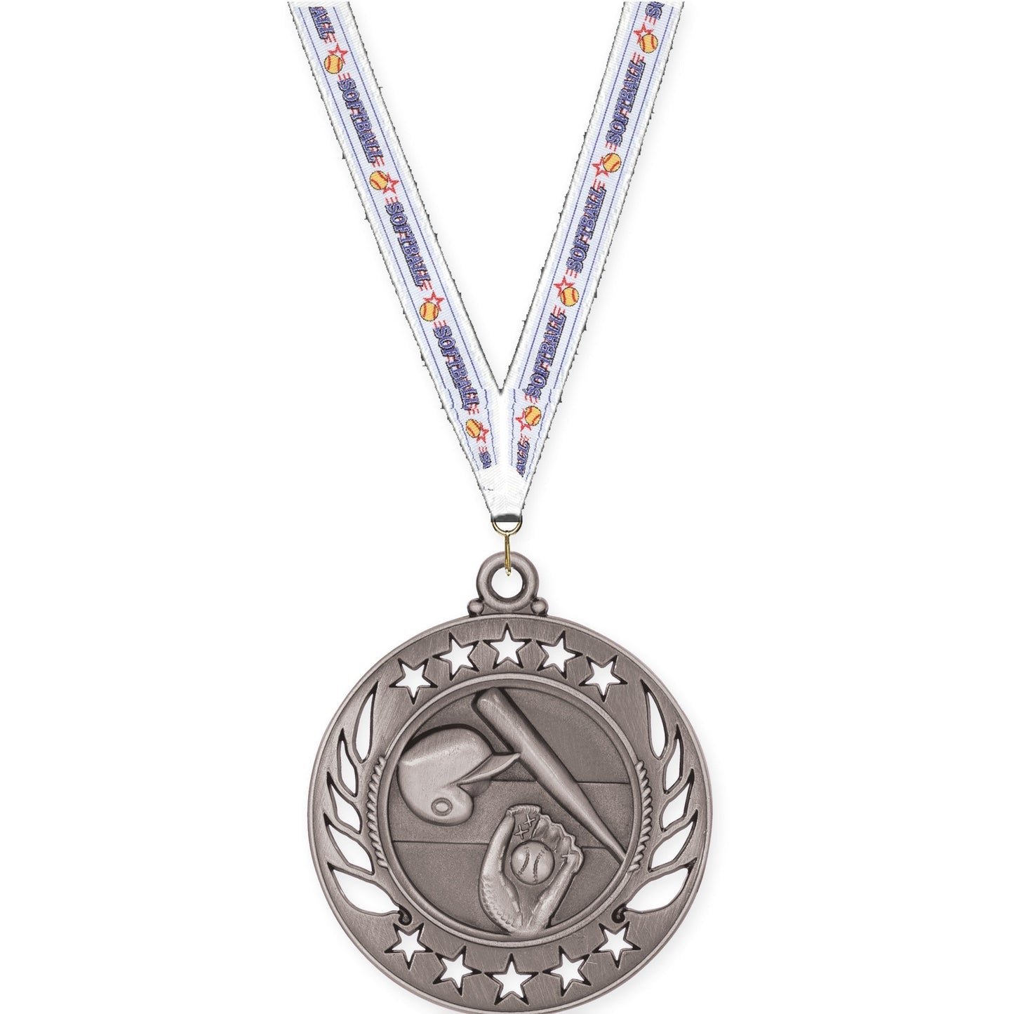 2 1/4 inch baseball and softball Galaxy medal in antique silver with Softball neck ribbon