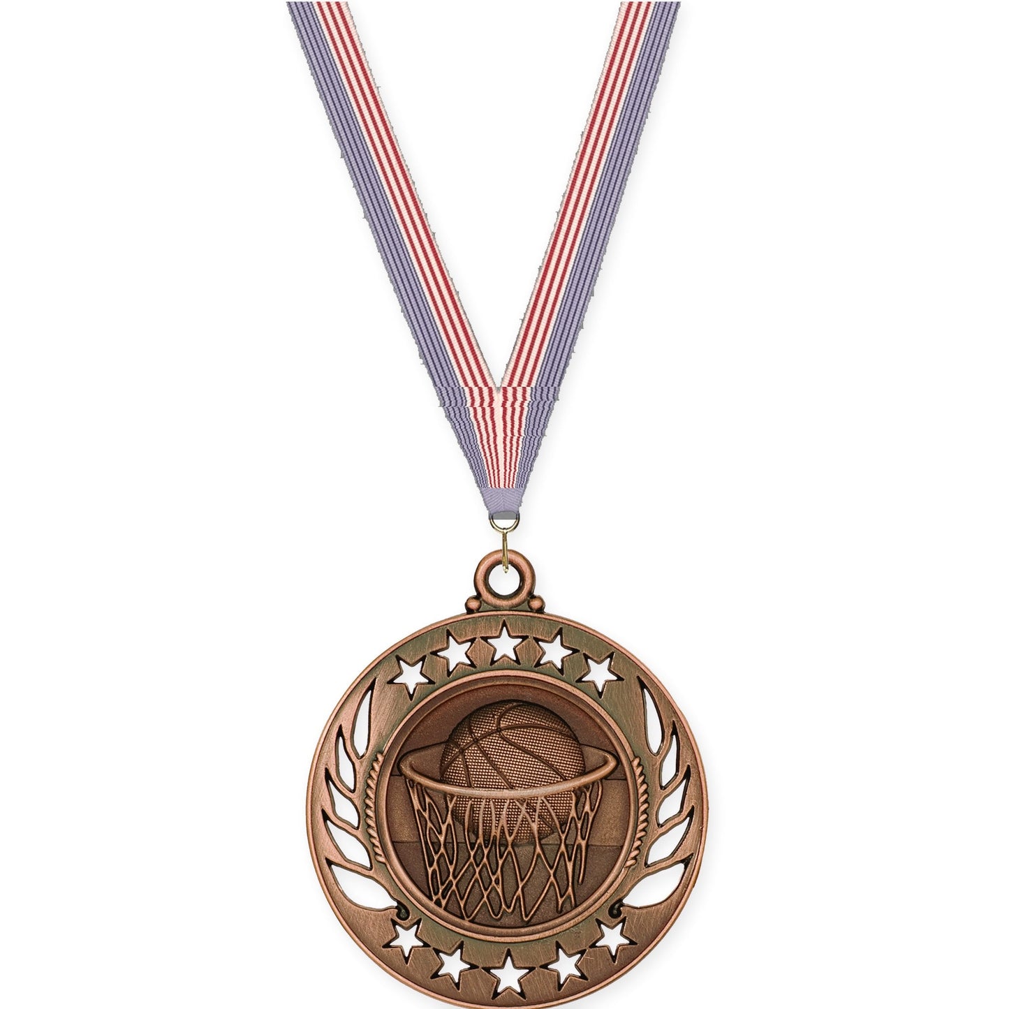 2 1/4 inch basketball Galaxy medal in antique bronze with USA Flag neck ribbon