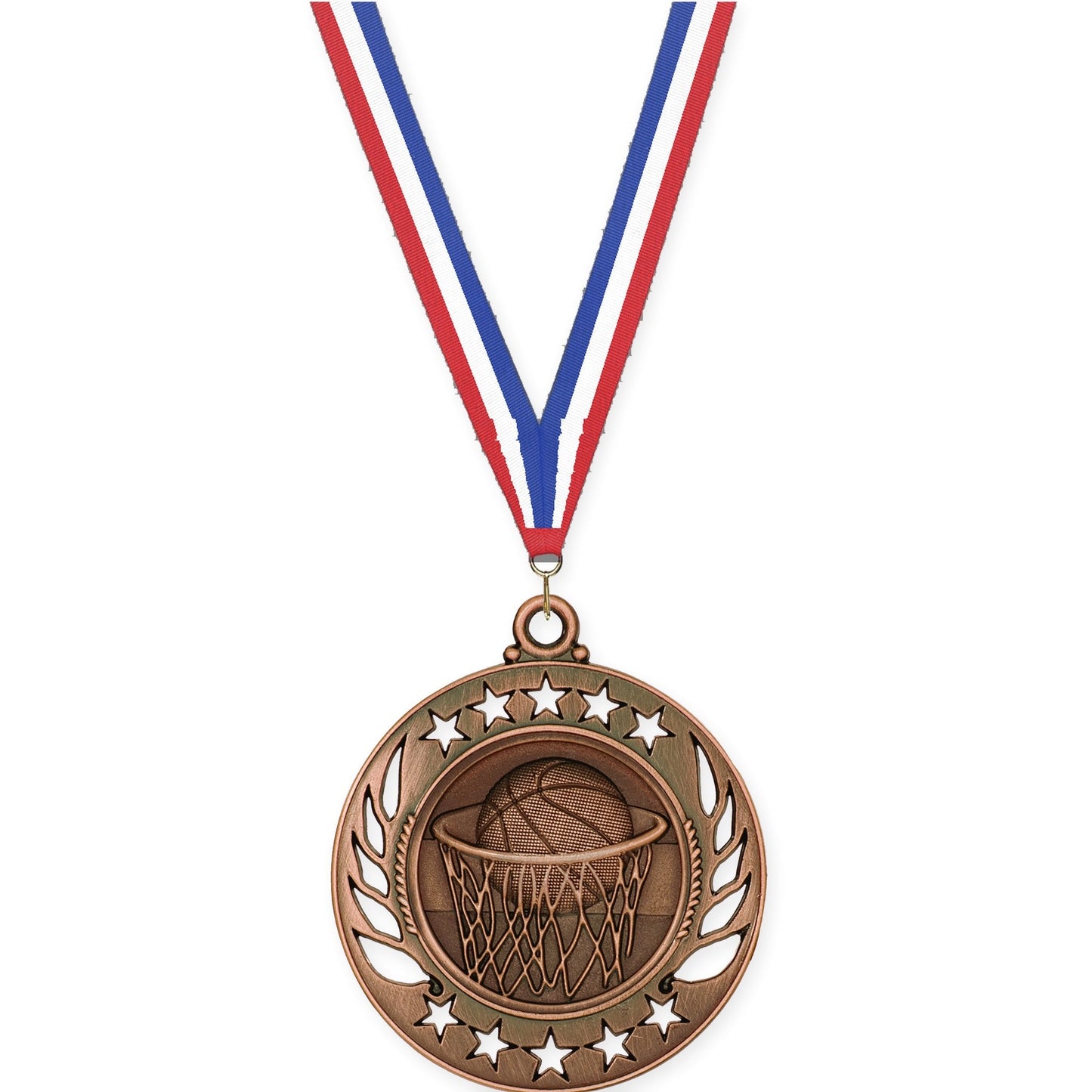 2 1/4 inch basketball Galaxy medal in antique bronze with Red White Blue neck ribbon