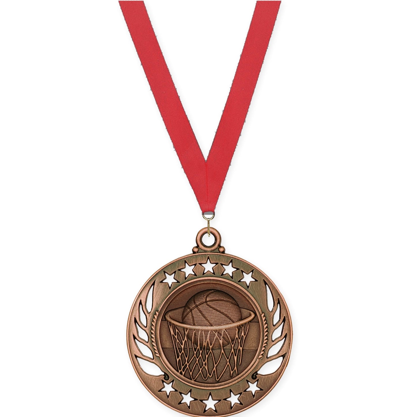 2 1/4 inch basketball Galaxy medal in antique bronze with Red neck ribbon