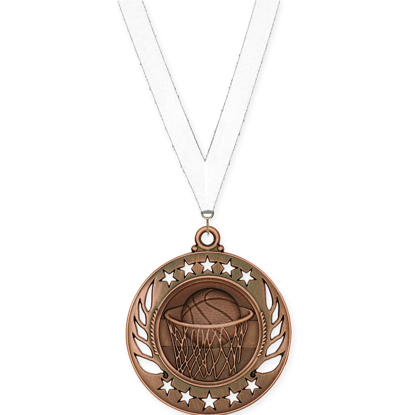 2 1/4 inch basketball Galaxy medal in antique bronze with White neck ribbon