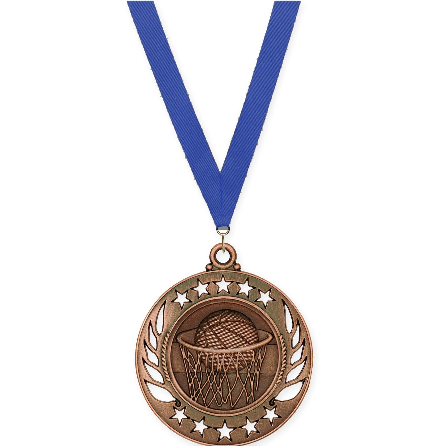 2 1/4 inch basketball Galaxy medal in antique bronze with Blue neck ribbon