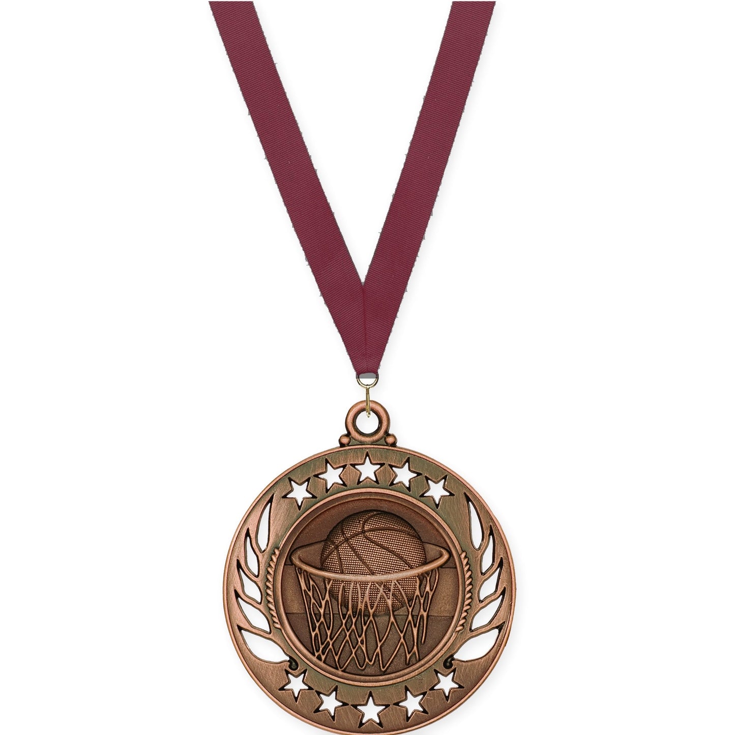 2 1/4 inch basketball Galaxy medal in antique bronze with Maroon neck ribbon