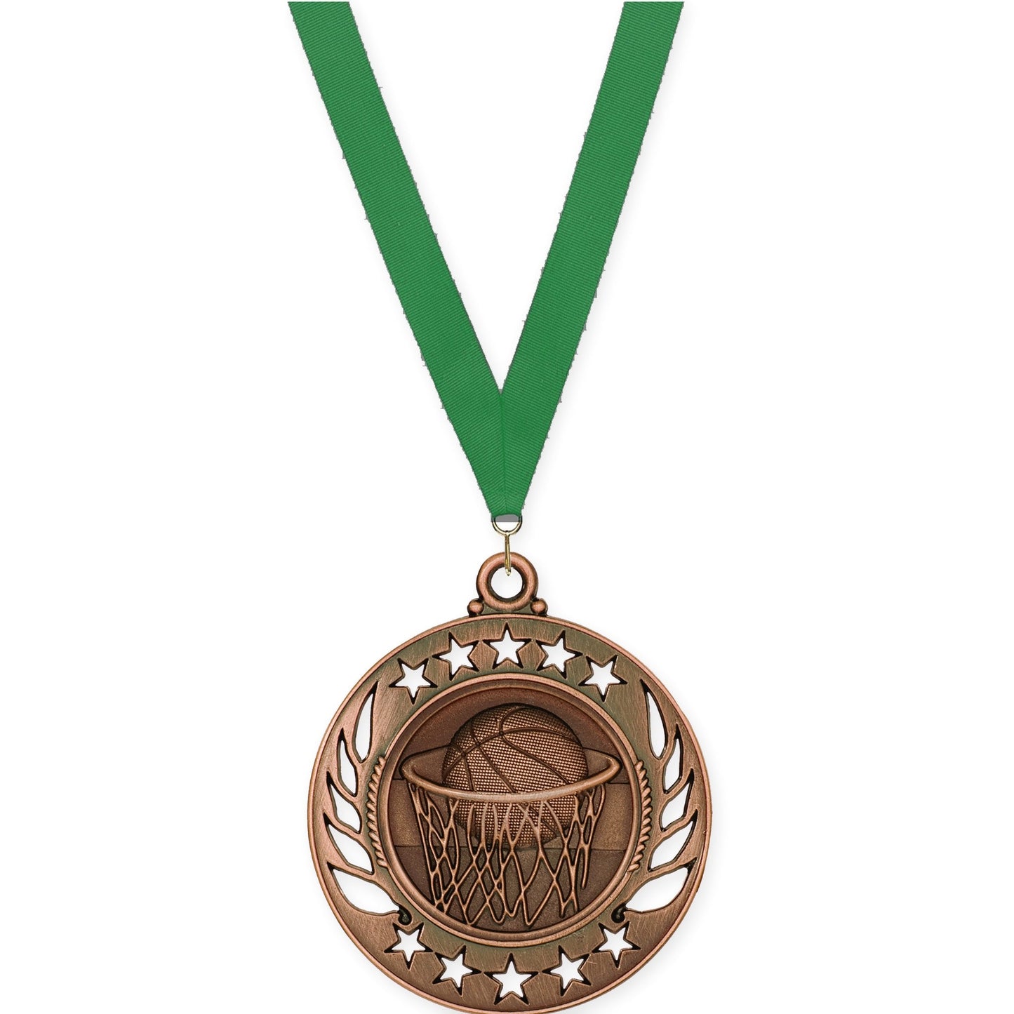 2 1/4 inch basketball Galaxy medal in antique bronze with Green neck ribbon