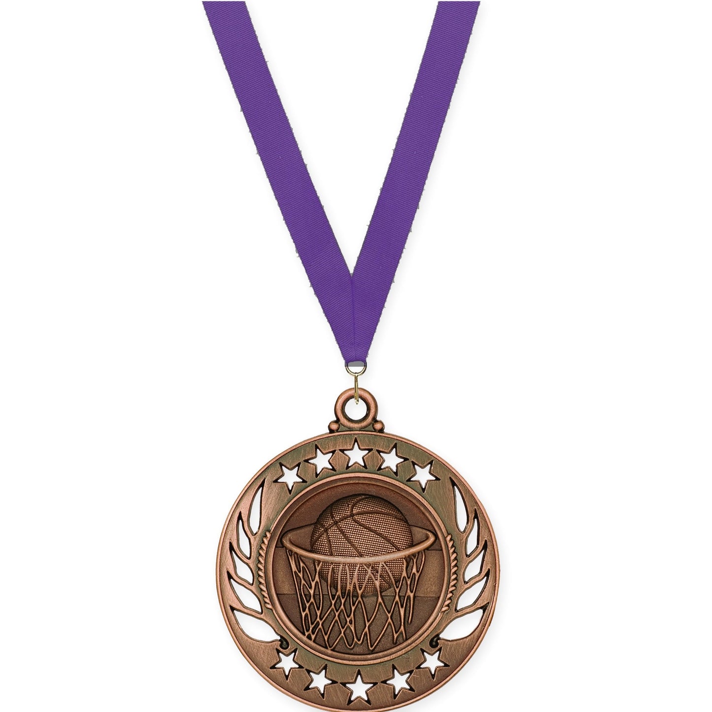 2 1/4 inch basketball Galaxy medal in antique bronze with Purple neck ribbon