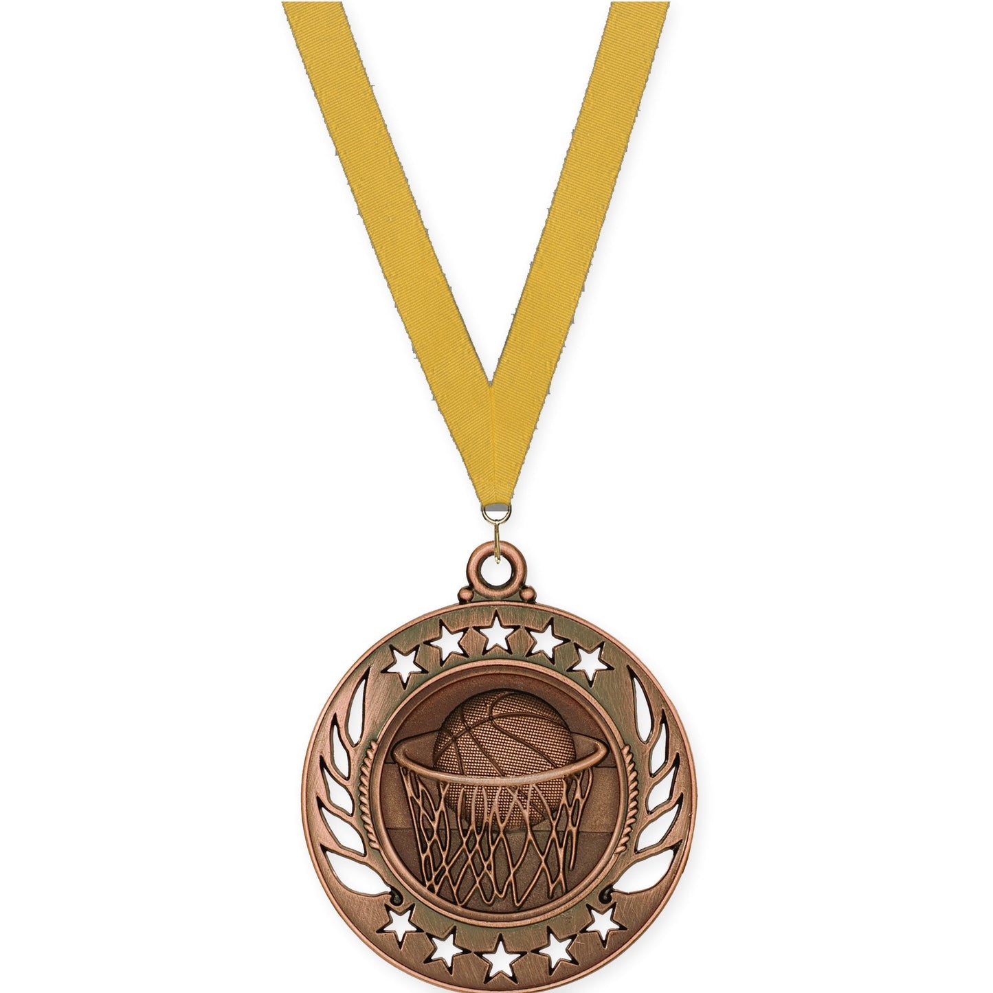2 1/4 inch basketball Galaxy medal in antique bronze with Gold neck ribbon