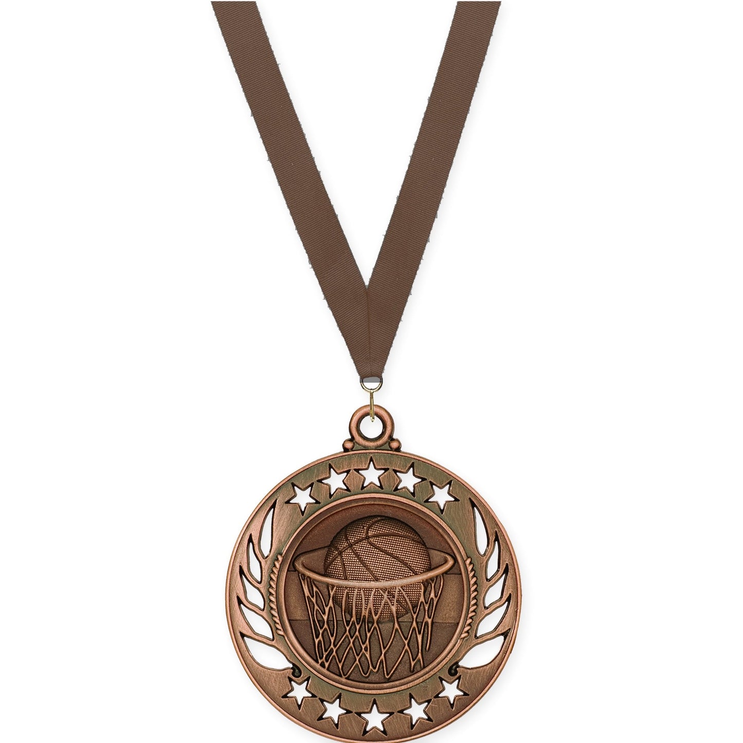 2 1/4 inch basketball Galaxy medal in antique bronze with Brown neck ribbon