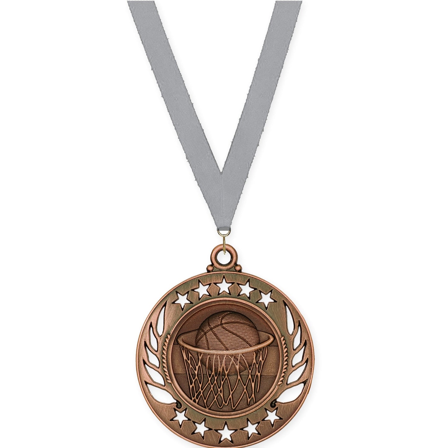 2 1/4 inch basketball Galaxy medal in antique bronze with Gray neck ribbon