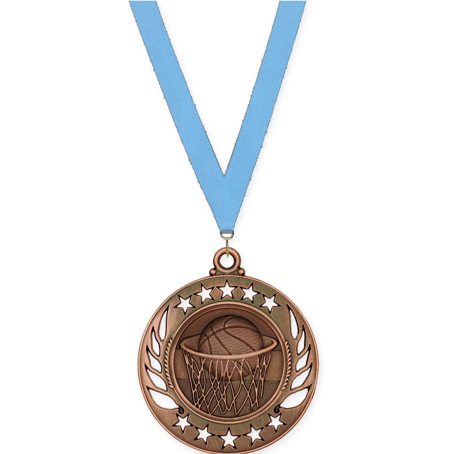 2 1/4 inch basketball Galaxy medal in antique bronze with Light Blue neck ribbon