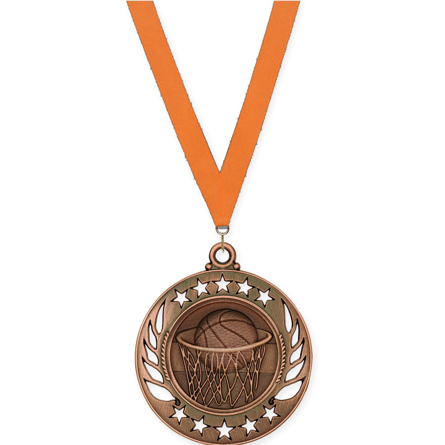 2 1/4 inch basketball Galaxy medal in antique bronze with Orange neck ribbon