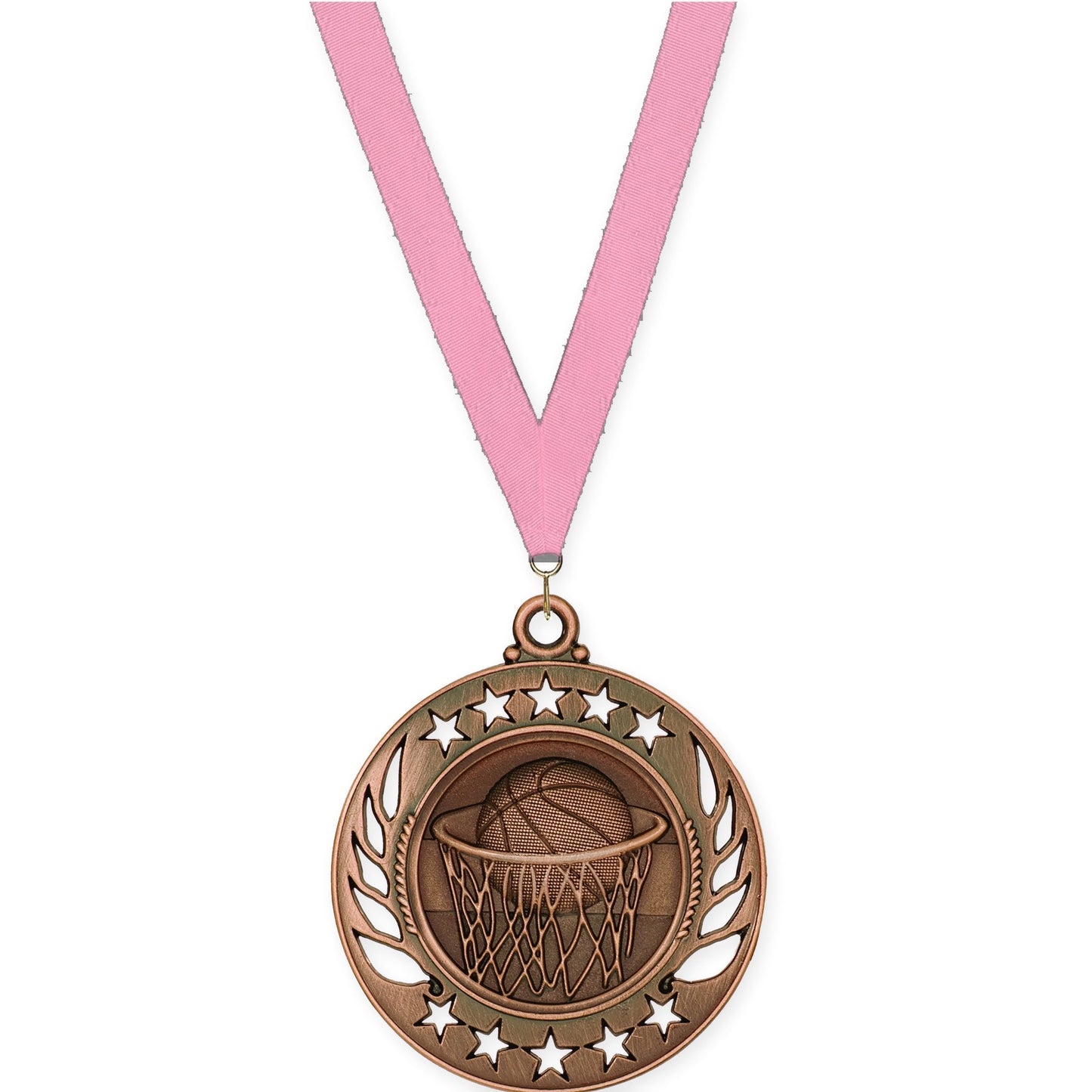 2 1/4 inch basketball Galaxy medal in antique bronze with Pink neck ribbon