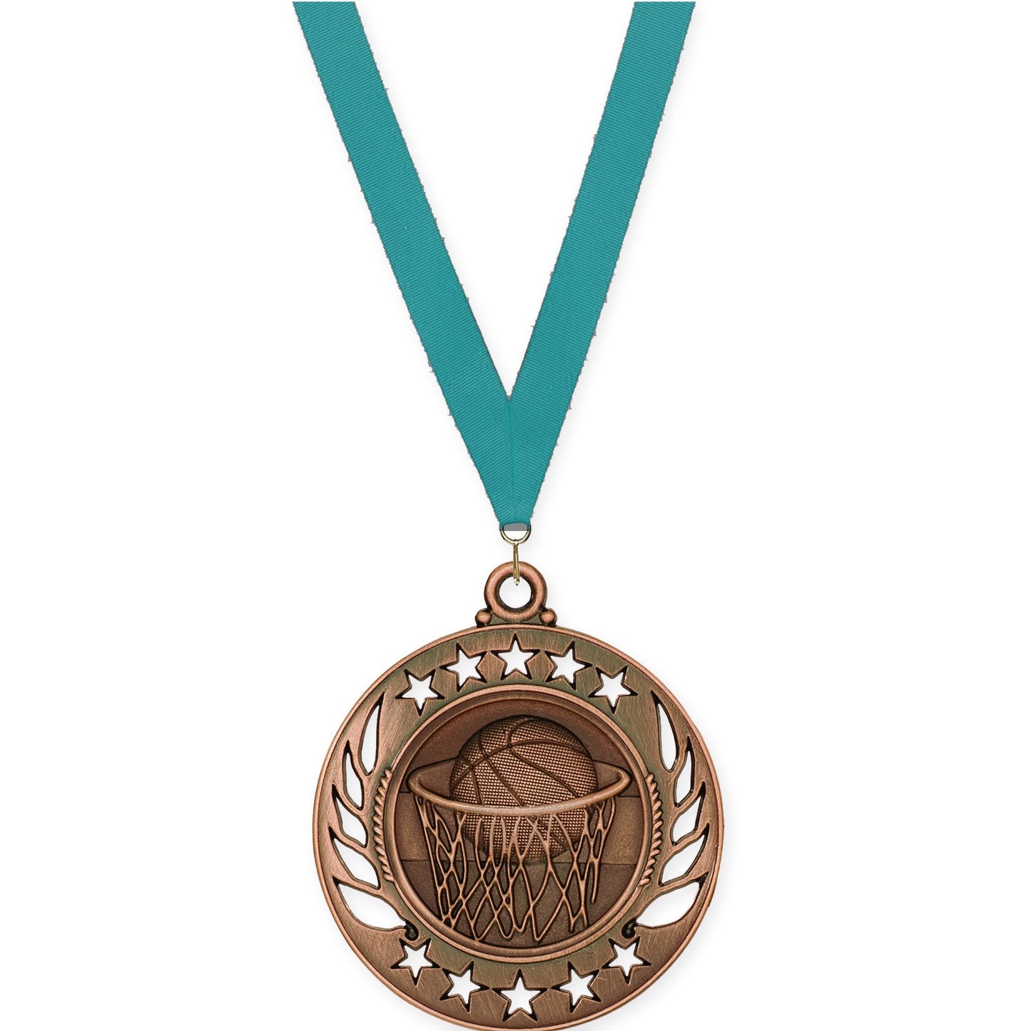 2 1/4 inch basketball Galaxy medal in antique bronze with Teal neck ribbon