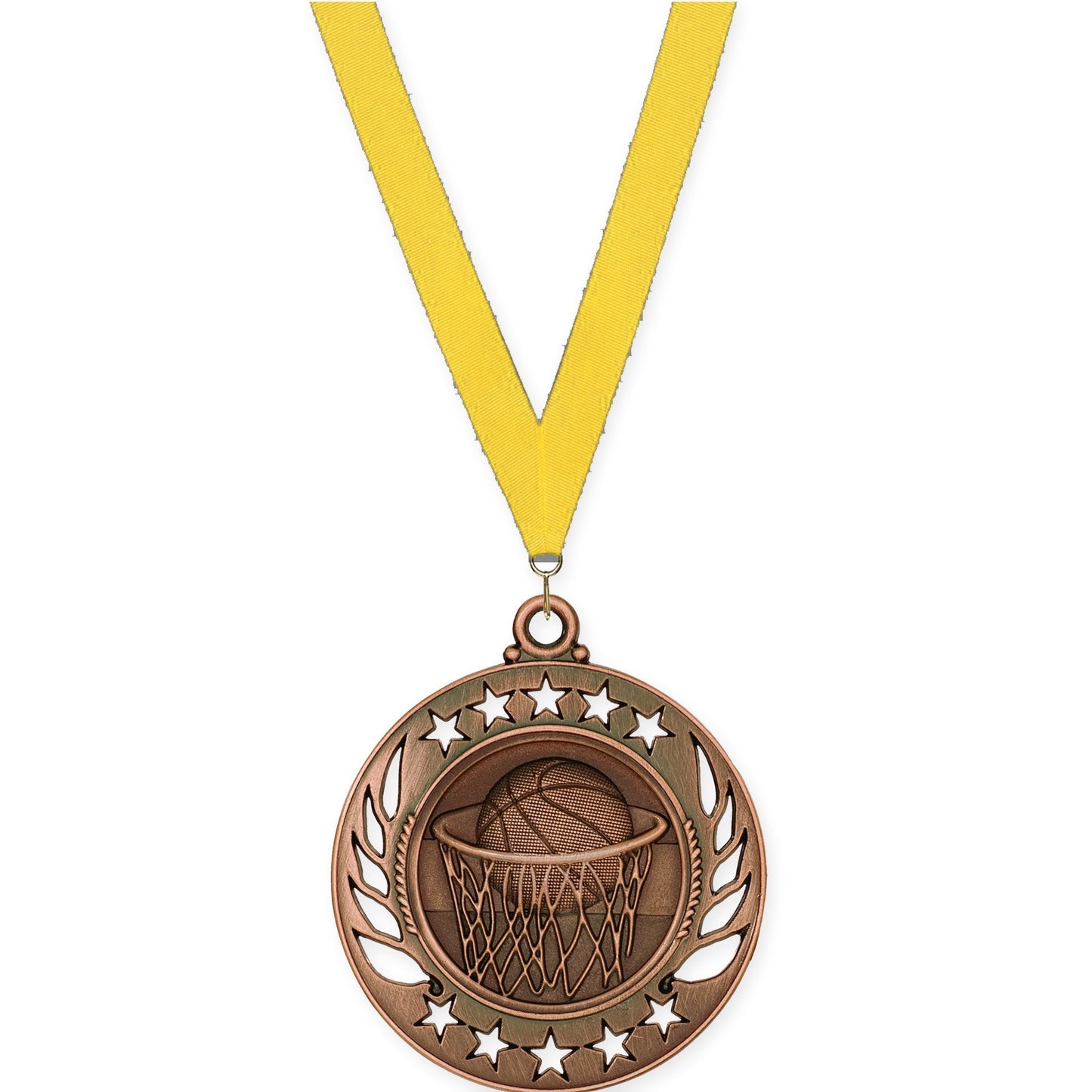 2 1/4 inch basketball Galaxy medal in antique bronze with Yellow neck ribbon