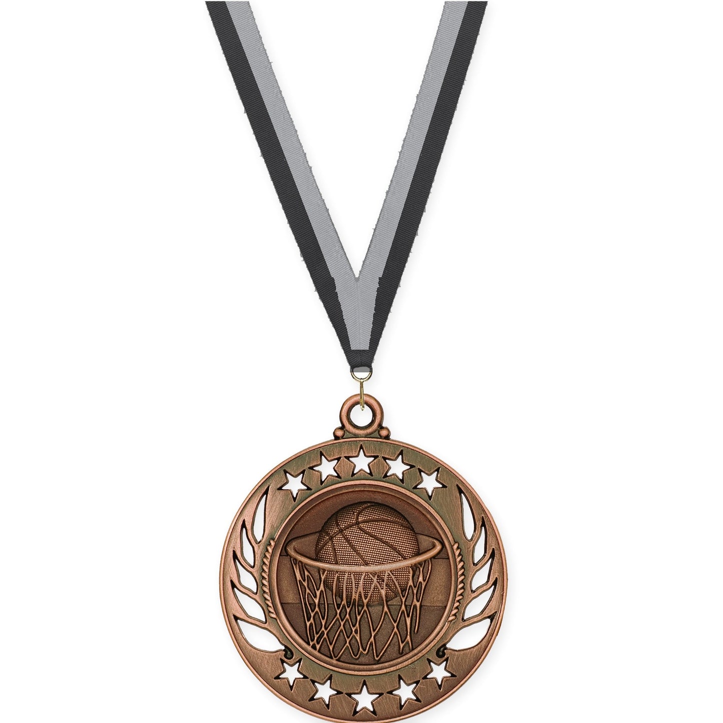 2 1/4 inch basketball Galaxy medal in antique bronze with Black Gray neck ribbon