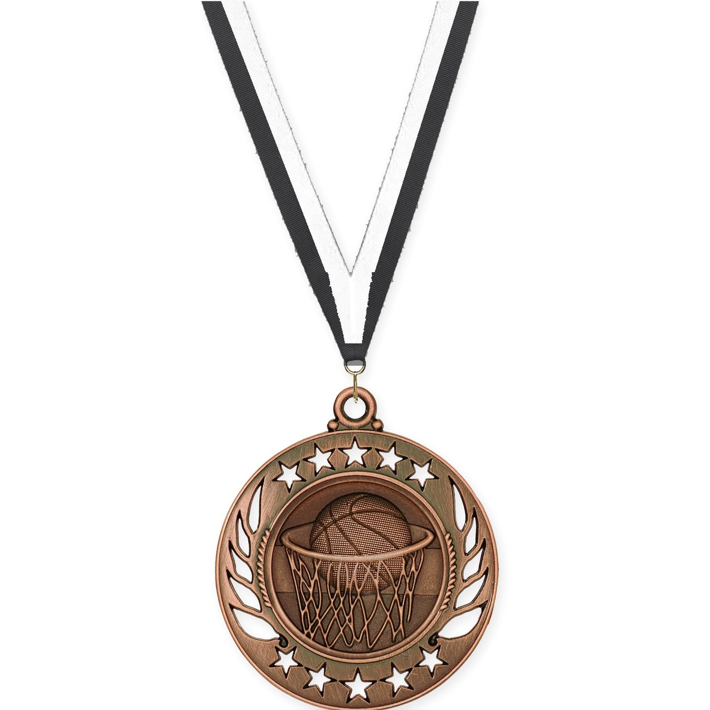 2 1/4 inch basketball Galaxy medal in antique bronze with Black White neck ribbon