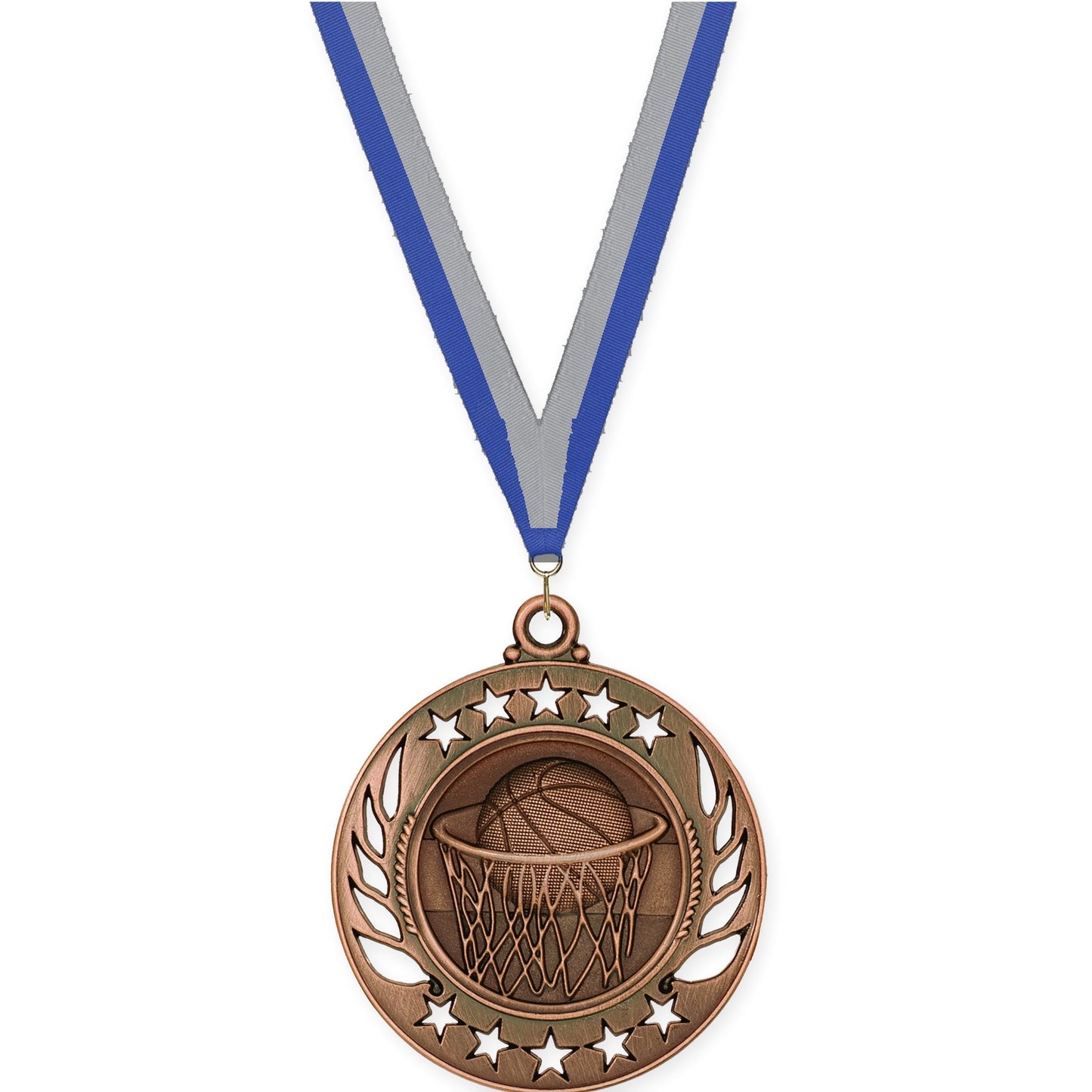 2 1/4 inch basketball Galaxy medal in antique bronze with Blue Gray neck ribbon
