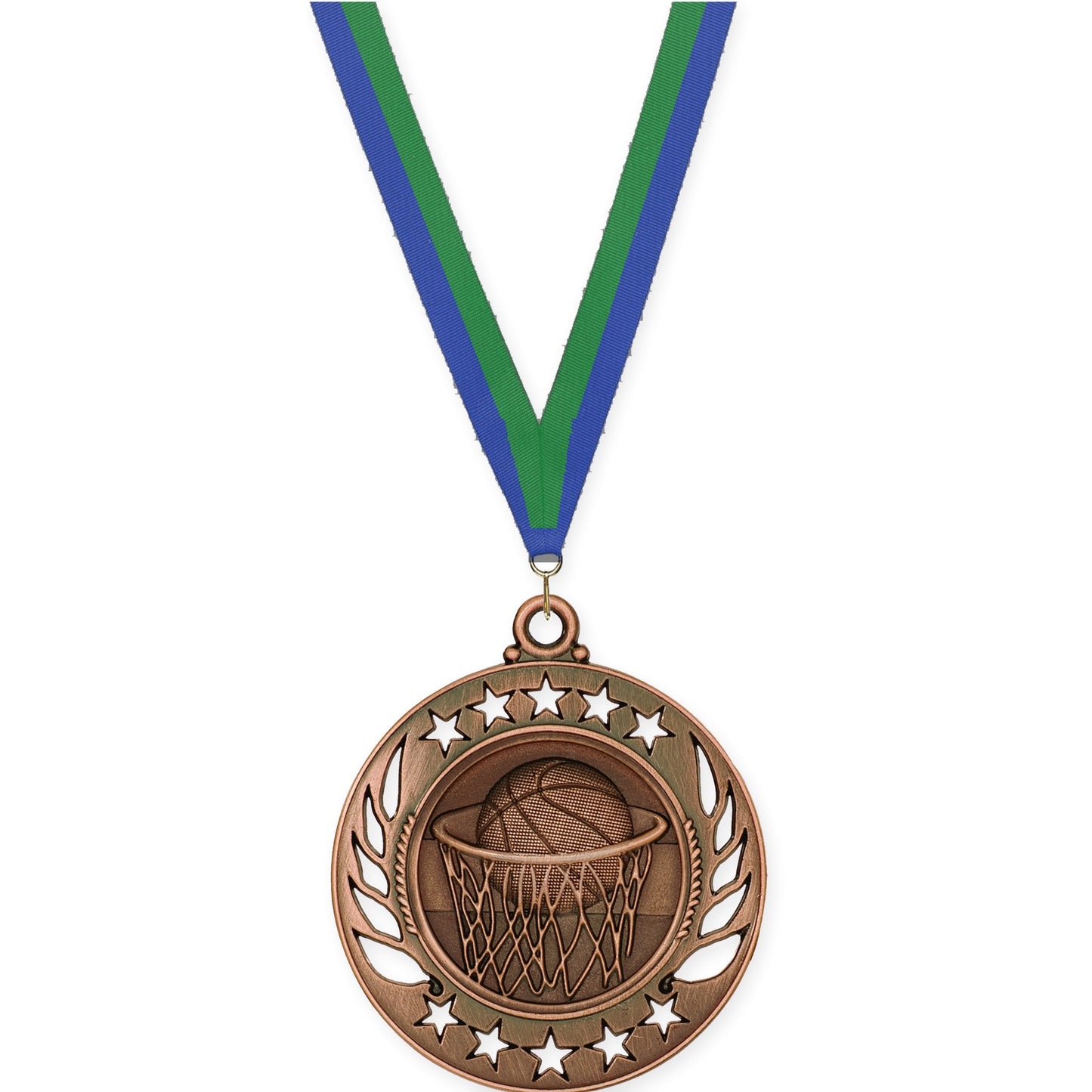 2 1/4 inch basketball Galaxy medal in antique bronze with Blue Green neck ribbon