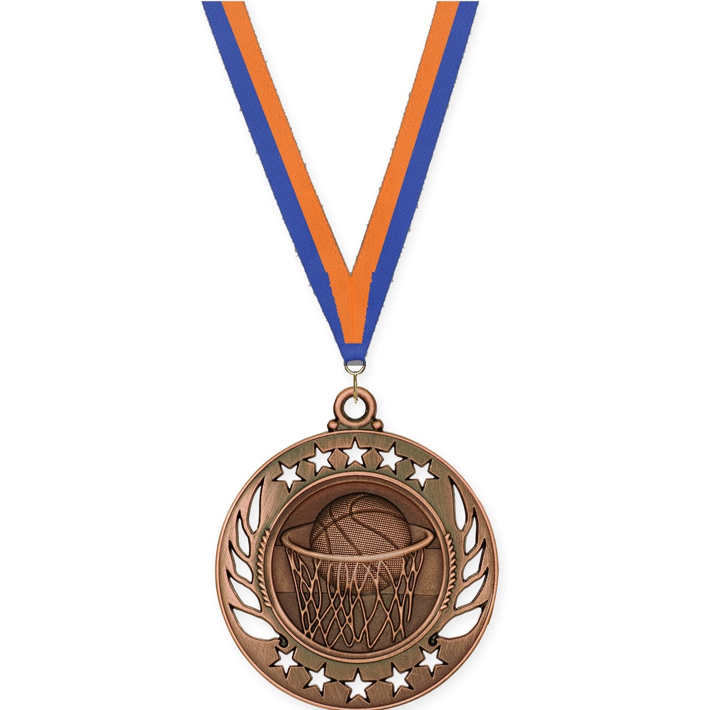 2 1/4 inch basketball Galaxy medal in antique bronze with Blue Orange neck ribbon