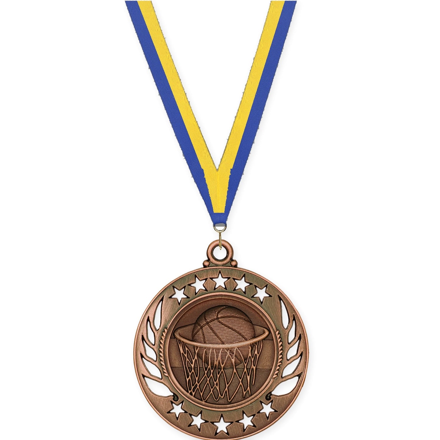 2 1/4 inch basketball Galaxy medal in antique bronze with Blue Yellow neck ribbon