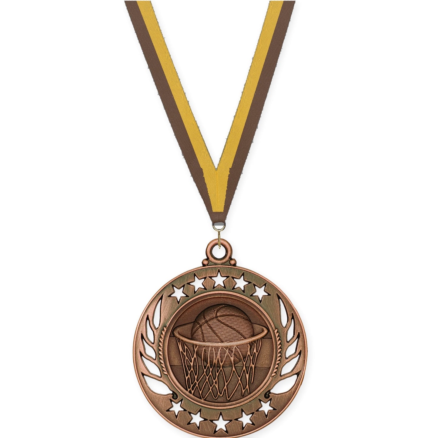 2 1/4 inch basketball Galaxy medal in antique bronze with Brown Gold neck ribbon