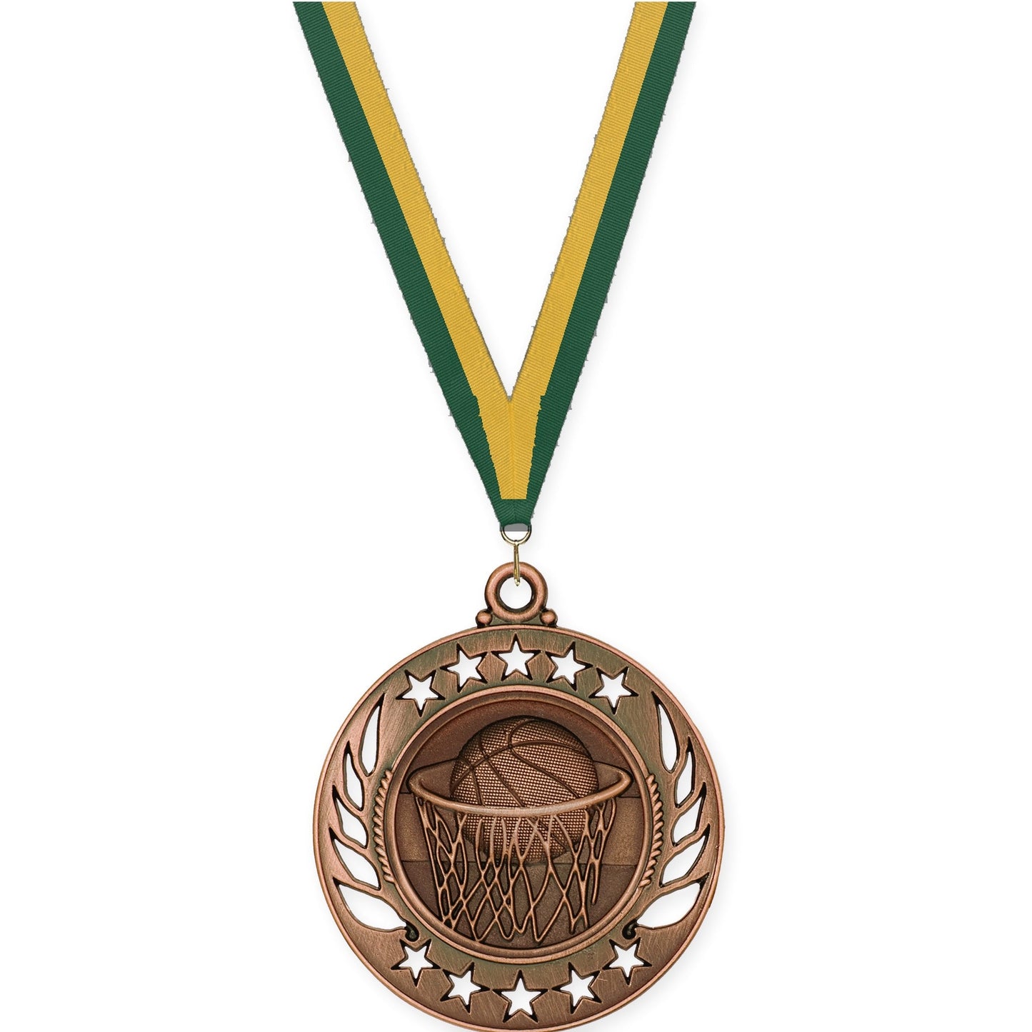 2 1/4 inch basketball Galaxy medal in antique bronze with Hunter Green Gold neck ribbon