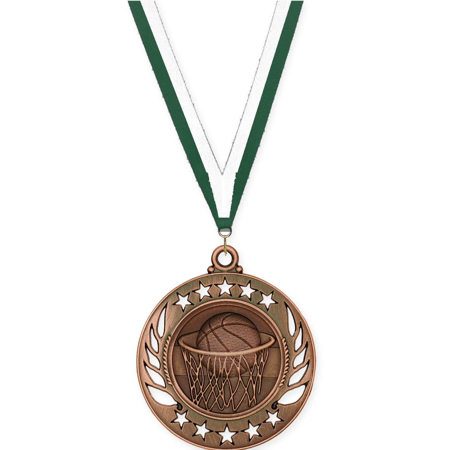 2 1/4 inch basketball Galaxy medal in antique bronze with Hunter Green White neck ribbon
