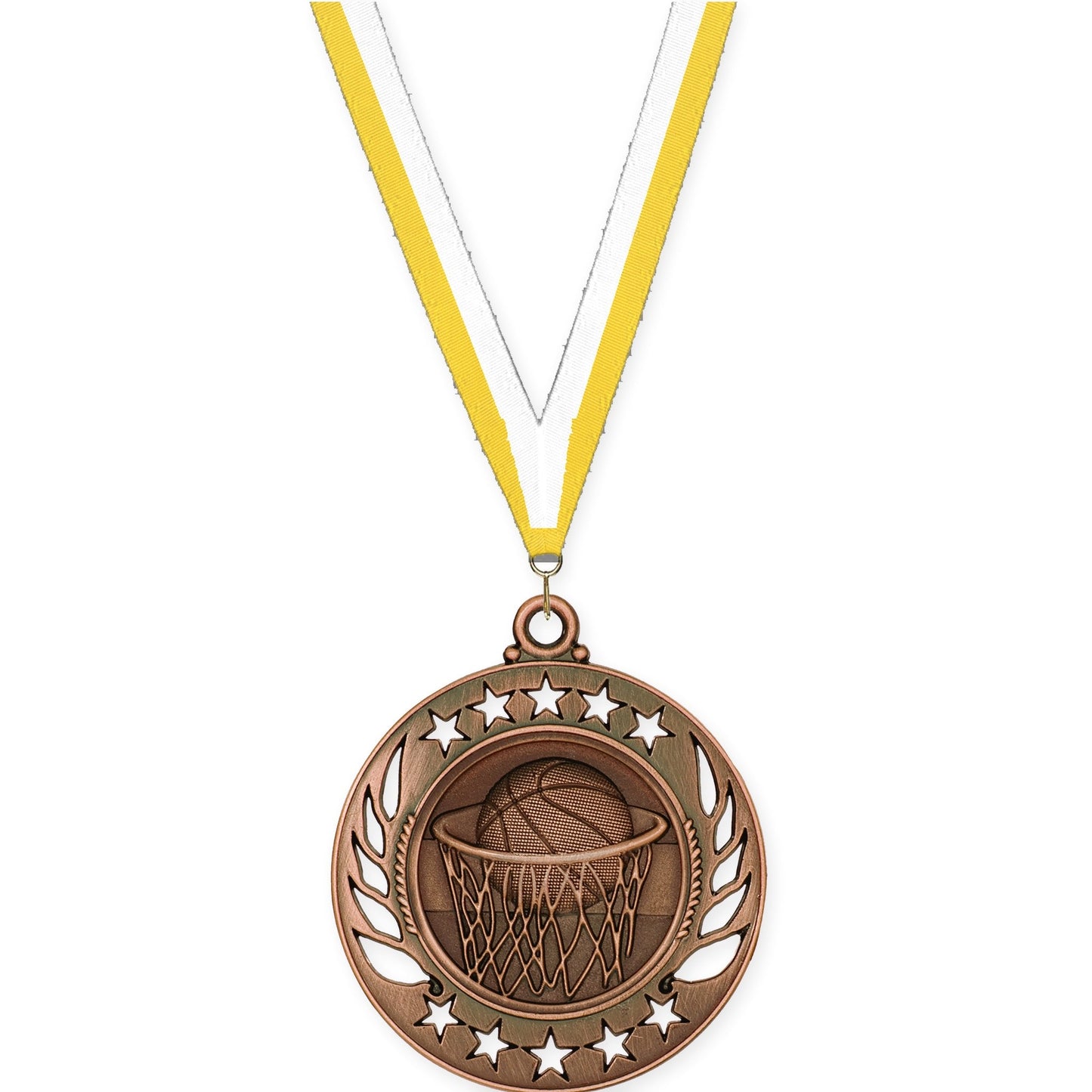 2 1/4 inch basketball Galaxy medal in antique bronze with Yellow White neck ribbon