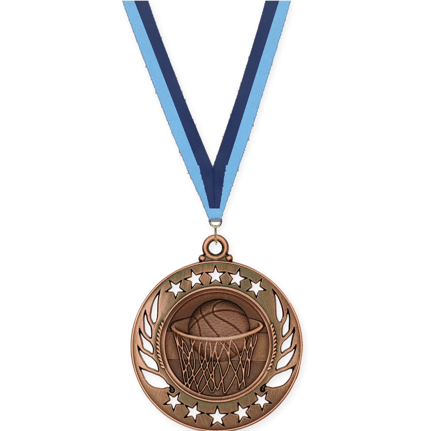 2 1/4 inch basketball Galaxy medal in antique bronze with Light Blue Navy neck ribbon