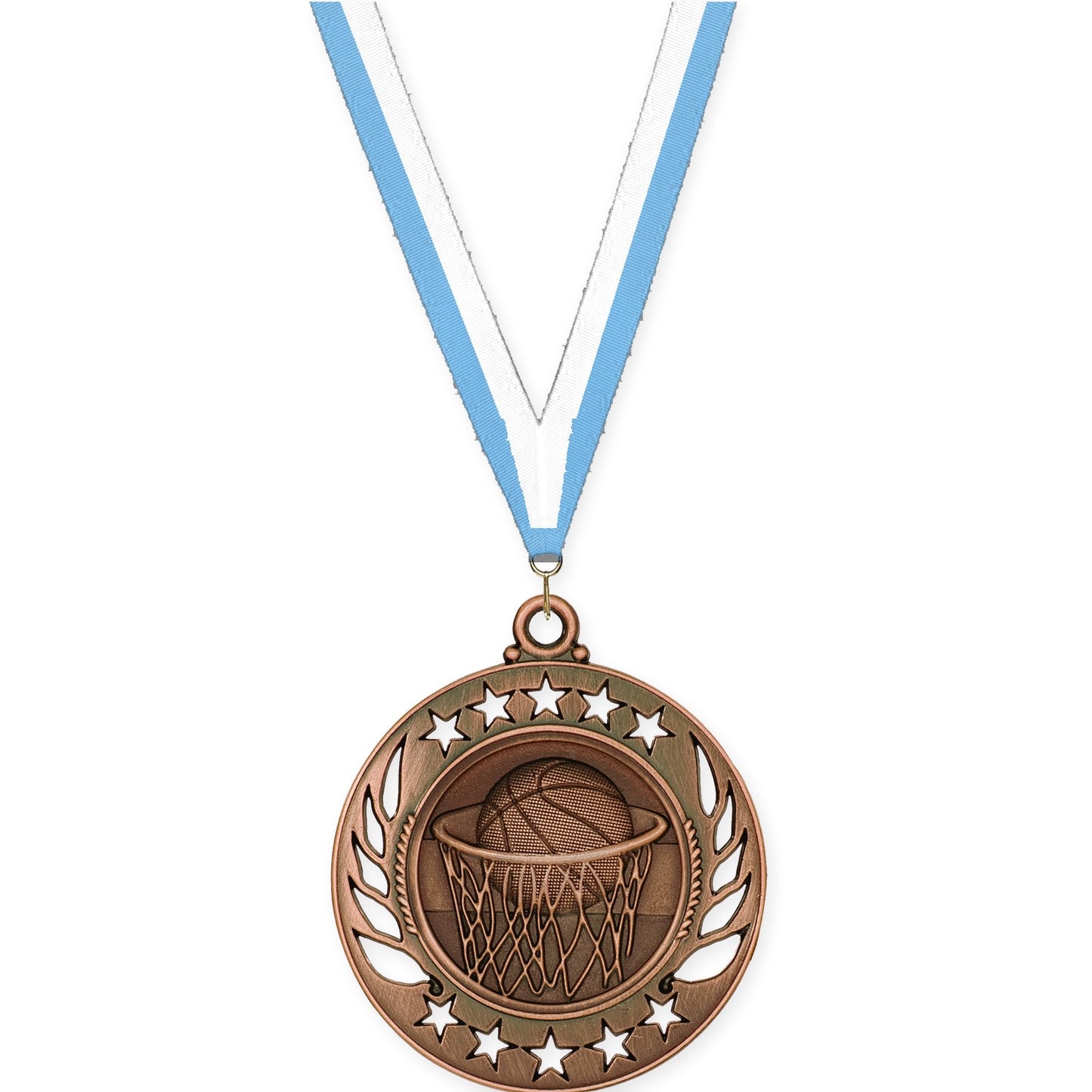 2 1/4 inch basketball Galaxy medal in antique bronze with Light Blue White neck ribbon
