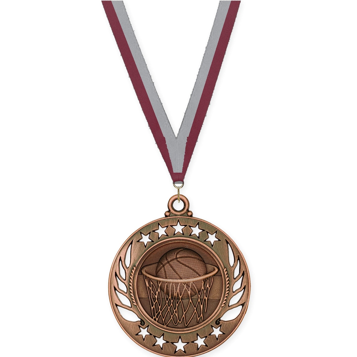 2 1/4 inch basketball Galaxy medal in antique bronze with Maroon Gray neck ribbon