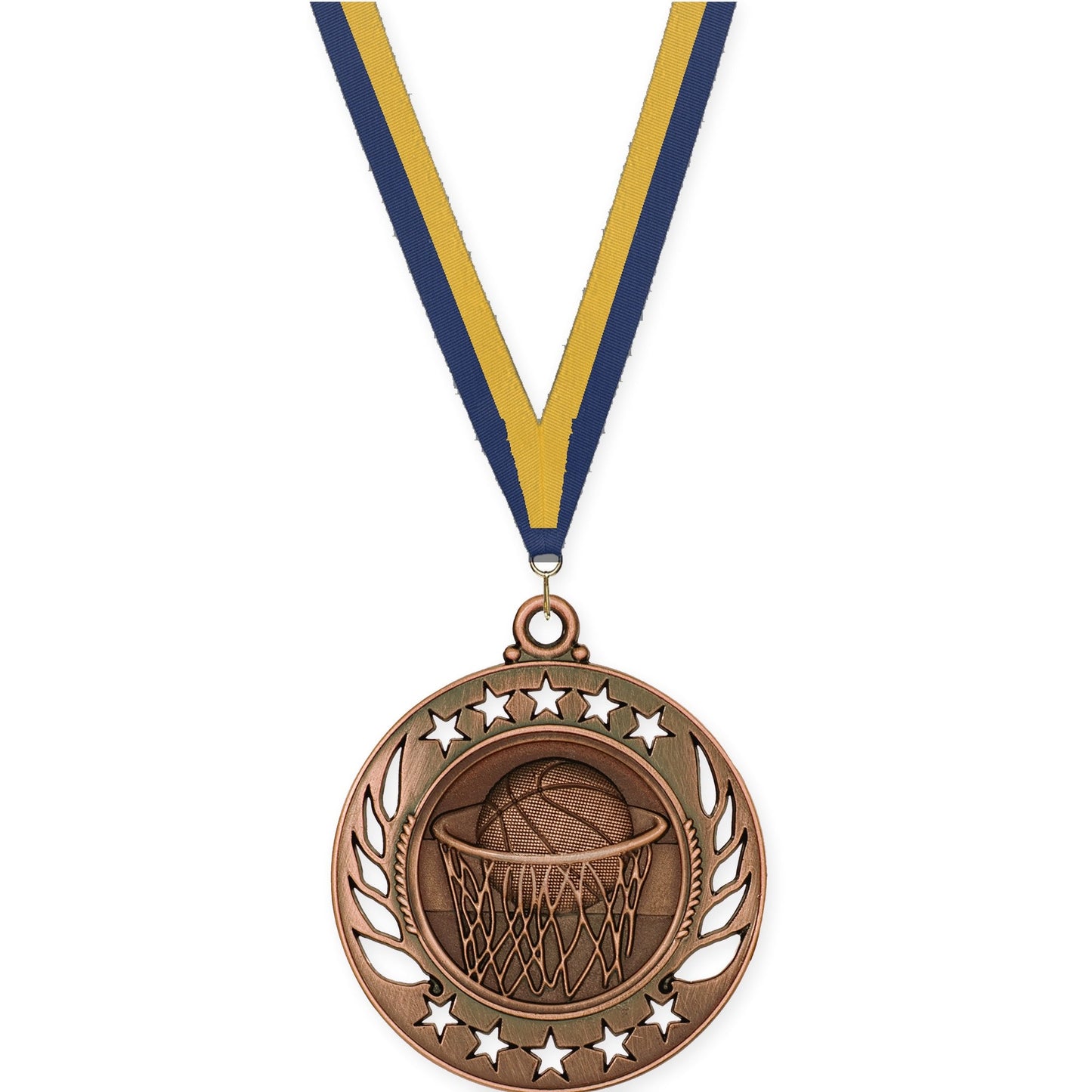 2 1/4 inch basketball Galaxy medal in antique bronze with Navy Gold neck ribbon