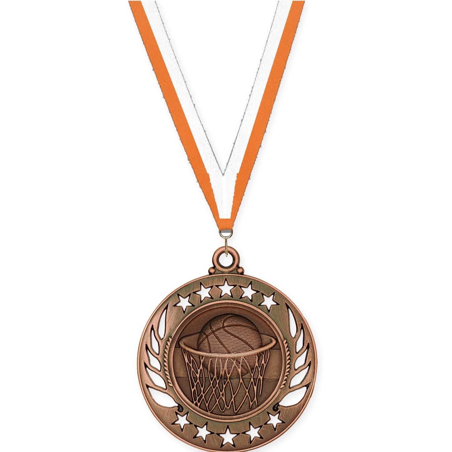2 1/4 inch basketball Galaxy medal in antique bronze with Orange White neck ribbon