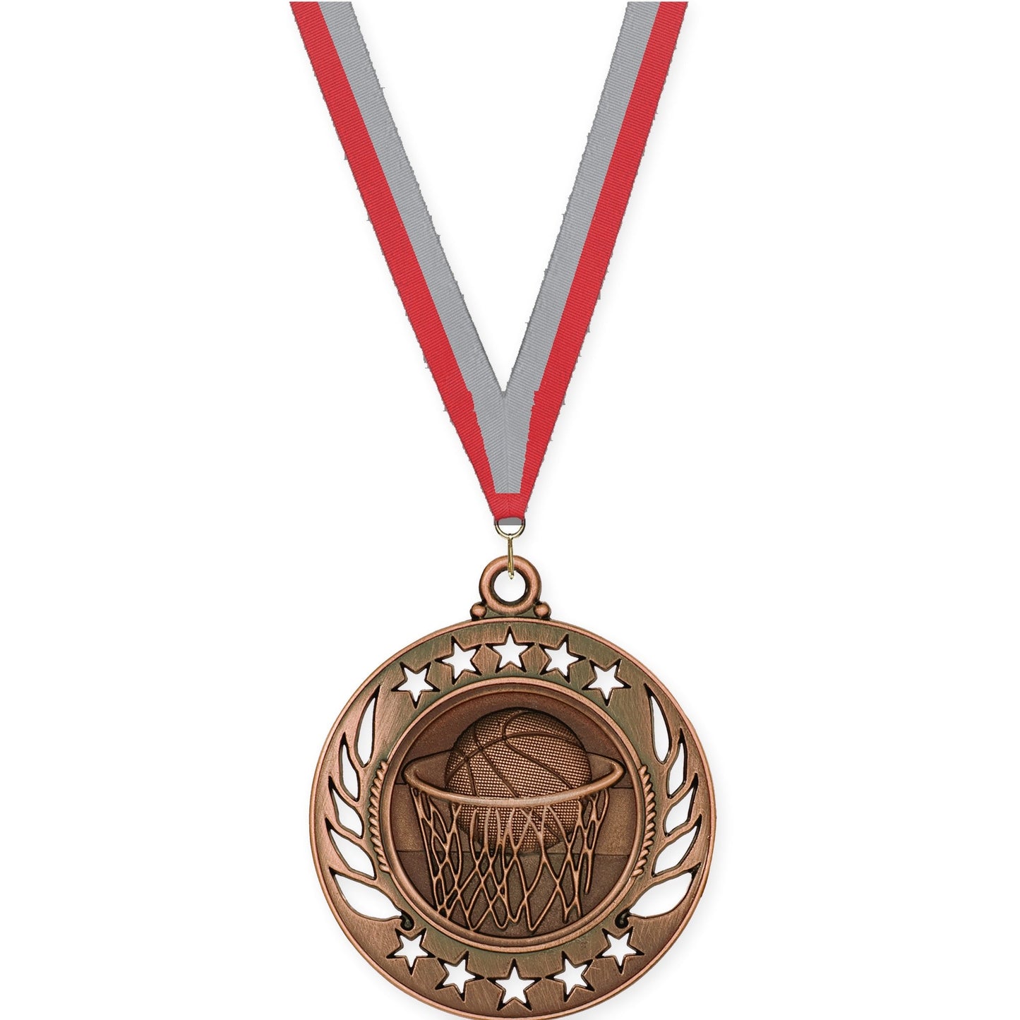 2 1/4 inch basketball Galaxy medal in antique bronze with Red Gray neck ribbon