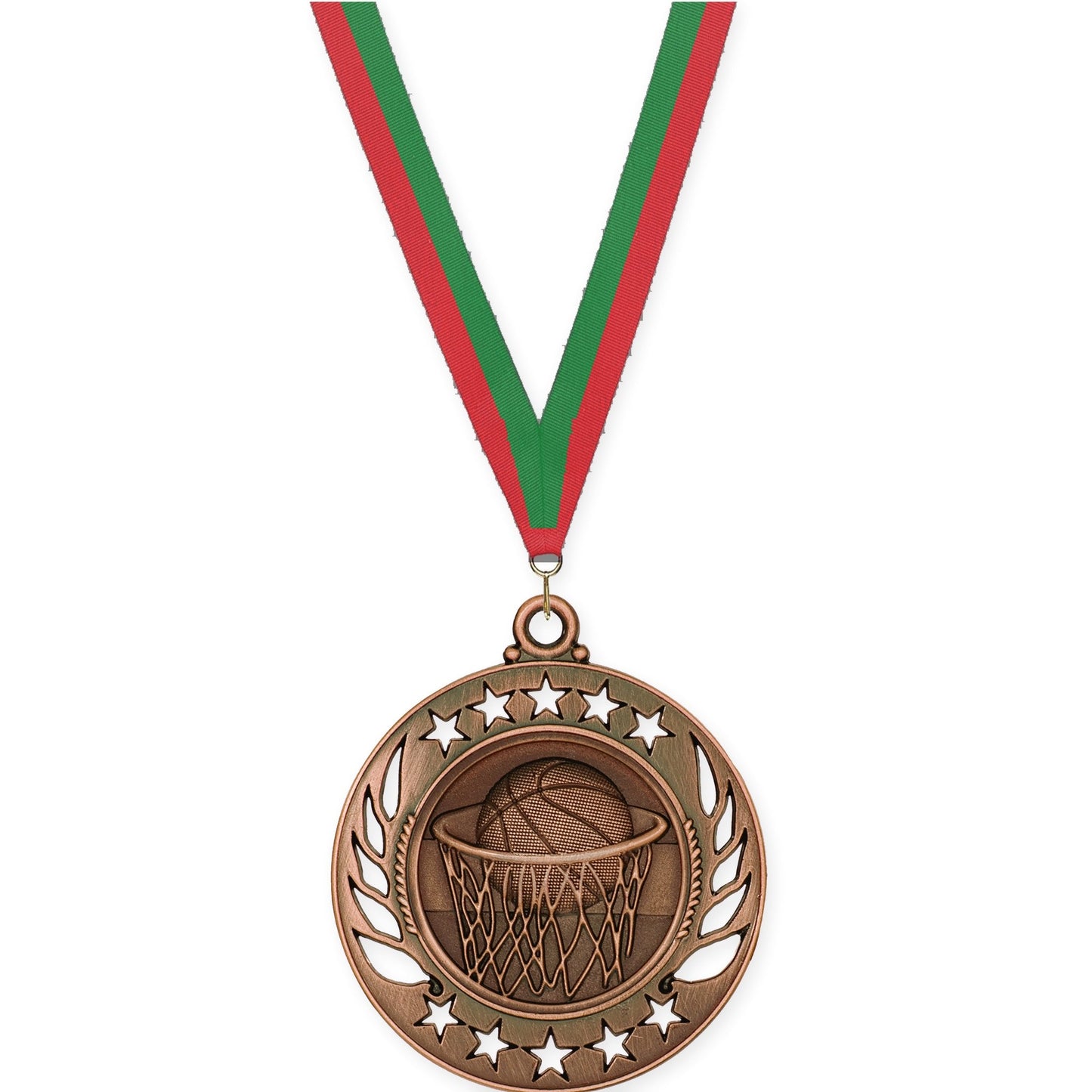 2 1/4 inch basketball Galaxy medal in antique bronze with Red Green neck ribbon