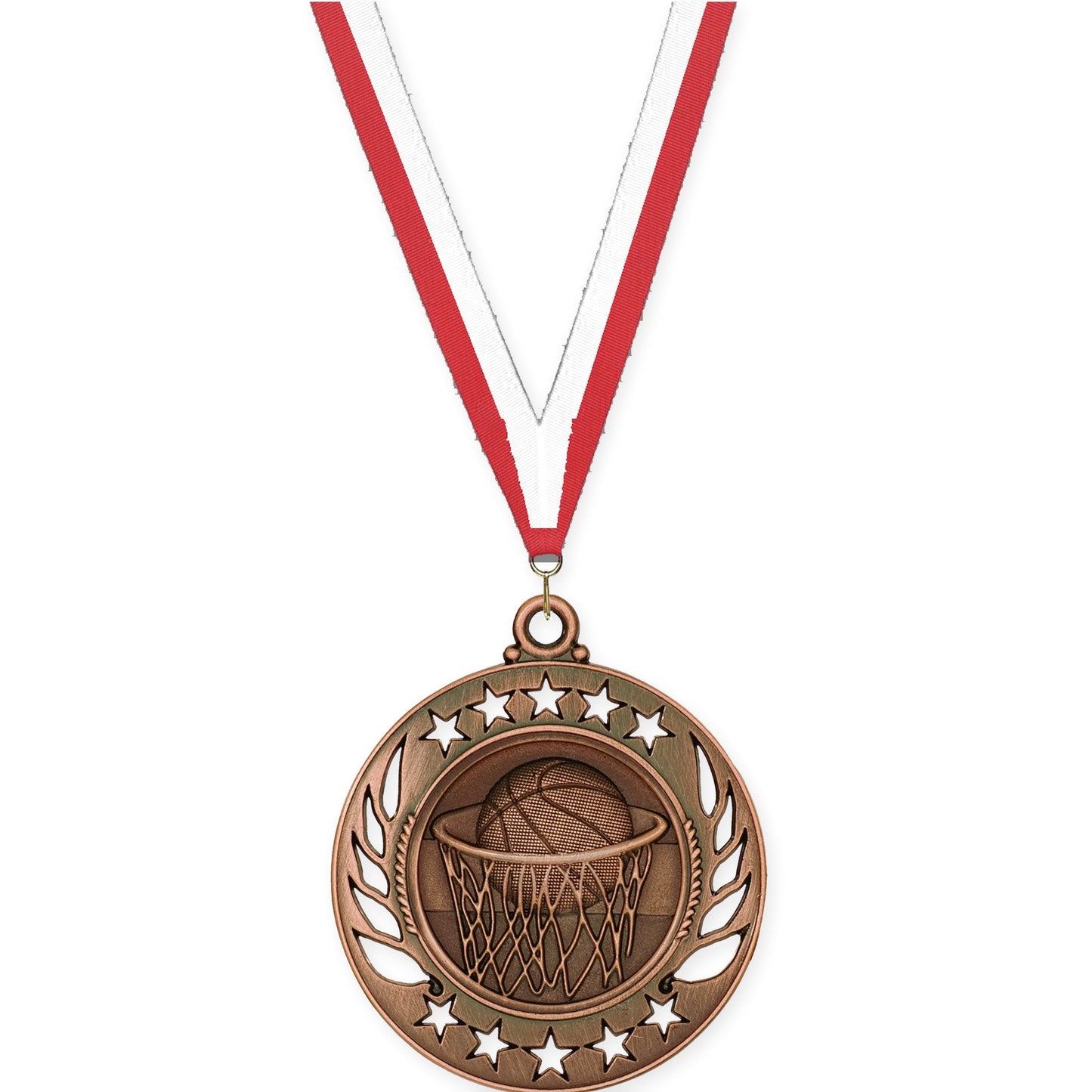 2 1/4 inch basketball Galaxy medal in antique bronze with Red White neck ribbon