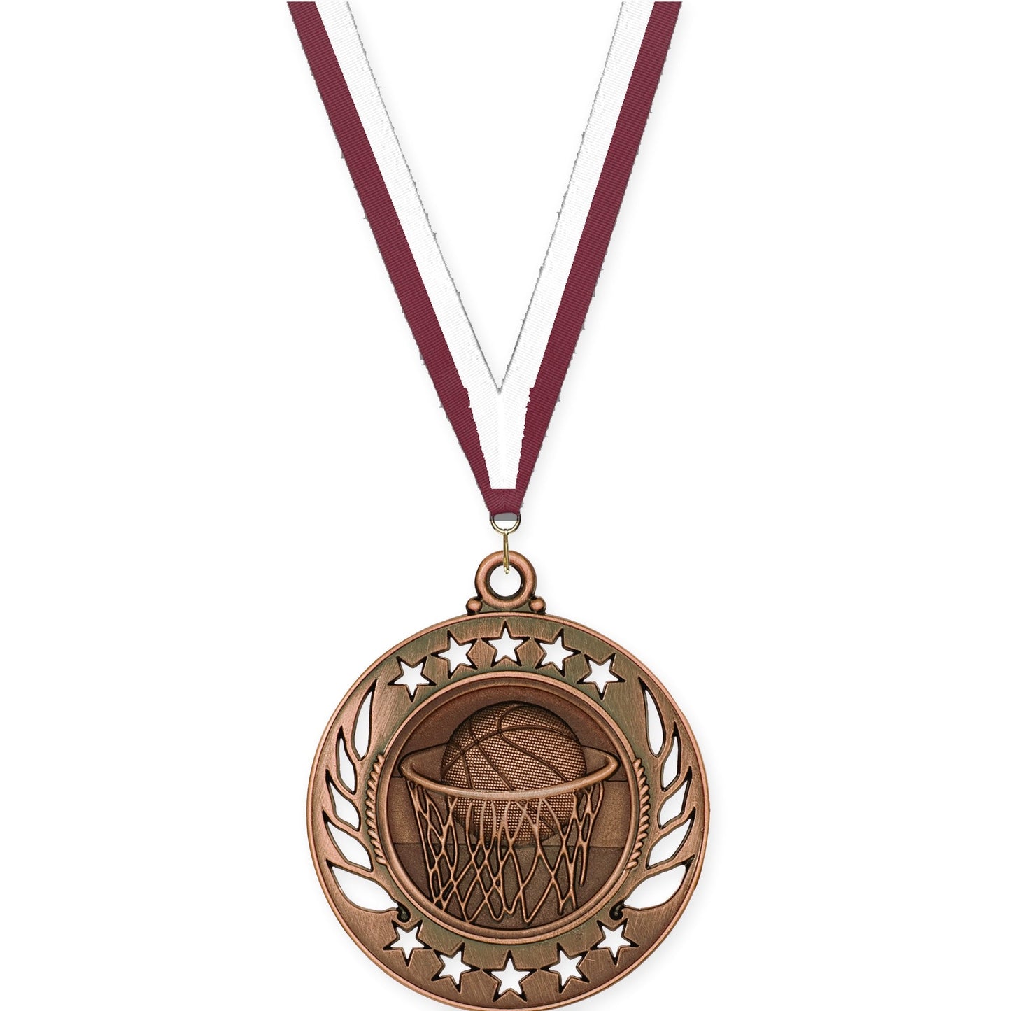 2 1/4 inch basketball Galaxy medal in antique bronze with Maroon White neck ribbon
