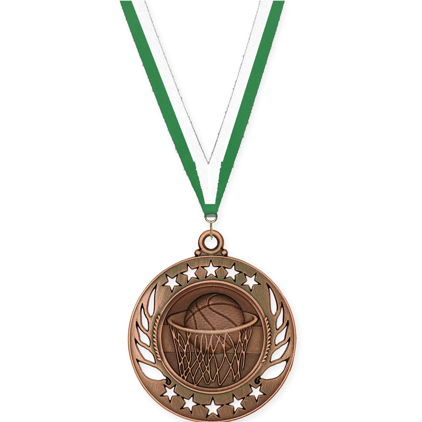2 1/4 inch basketball Galaxy medal in antique bronze with Green White neck ribbon