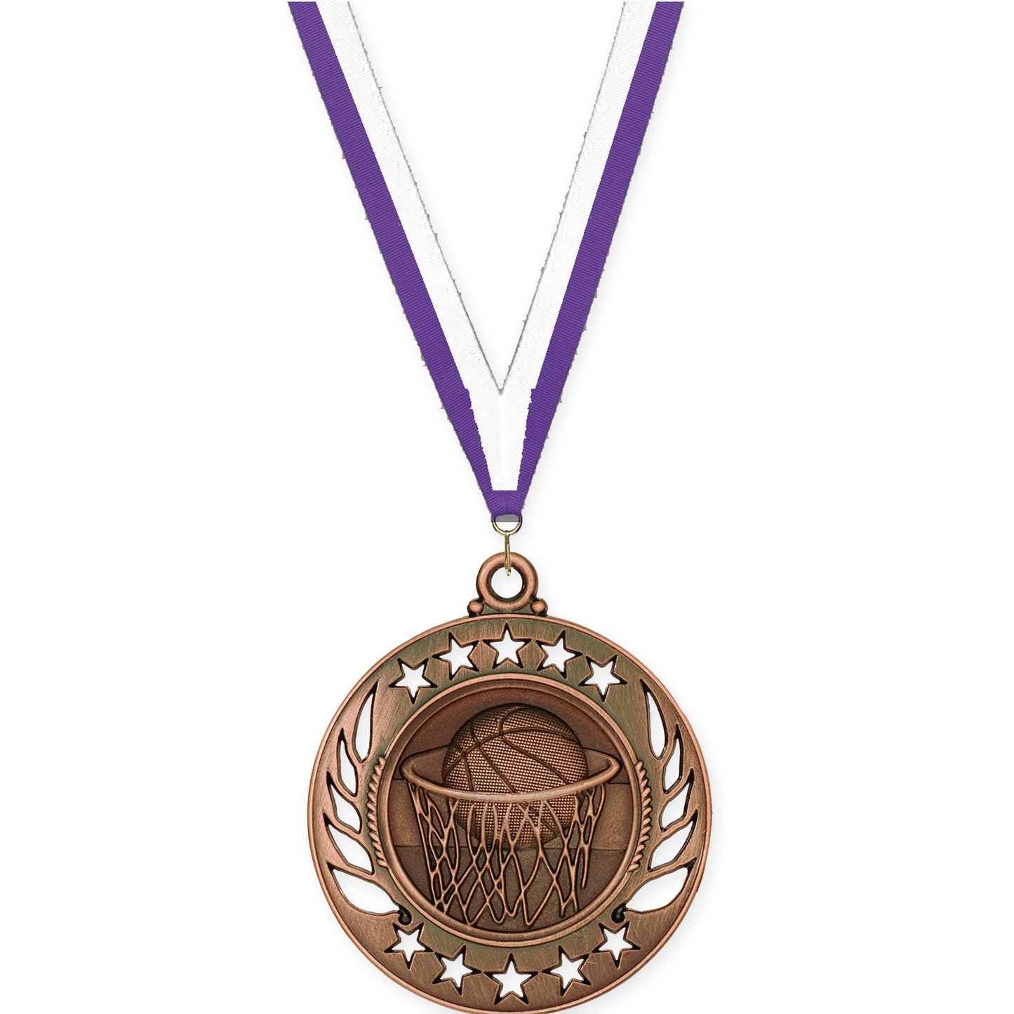 2 1/4 inch basketball Galaxy medal in antique bronze with Purple White neck ribbon