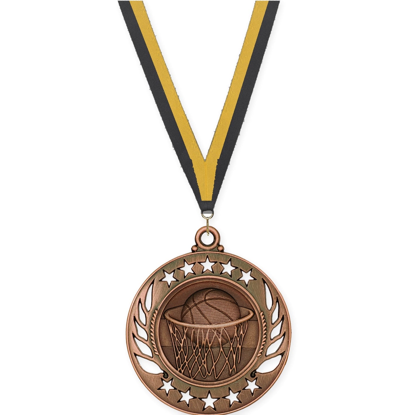 2 1/4 inch basketball Galaxy medal in antique bronze with Black Gold neck ribbon