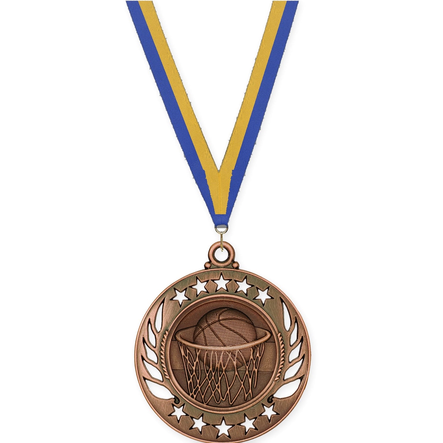 2 1/4 inch basketball Galaxy medal in antique bronze with Blue Gold neck ribbon