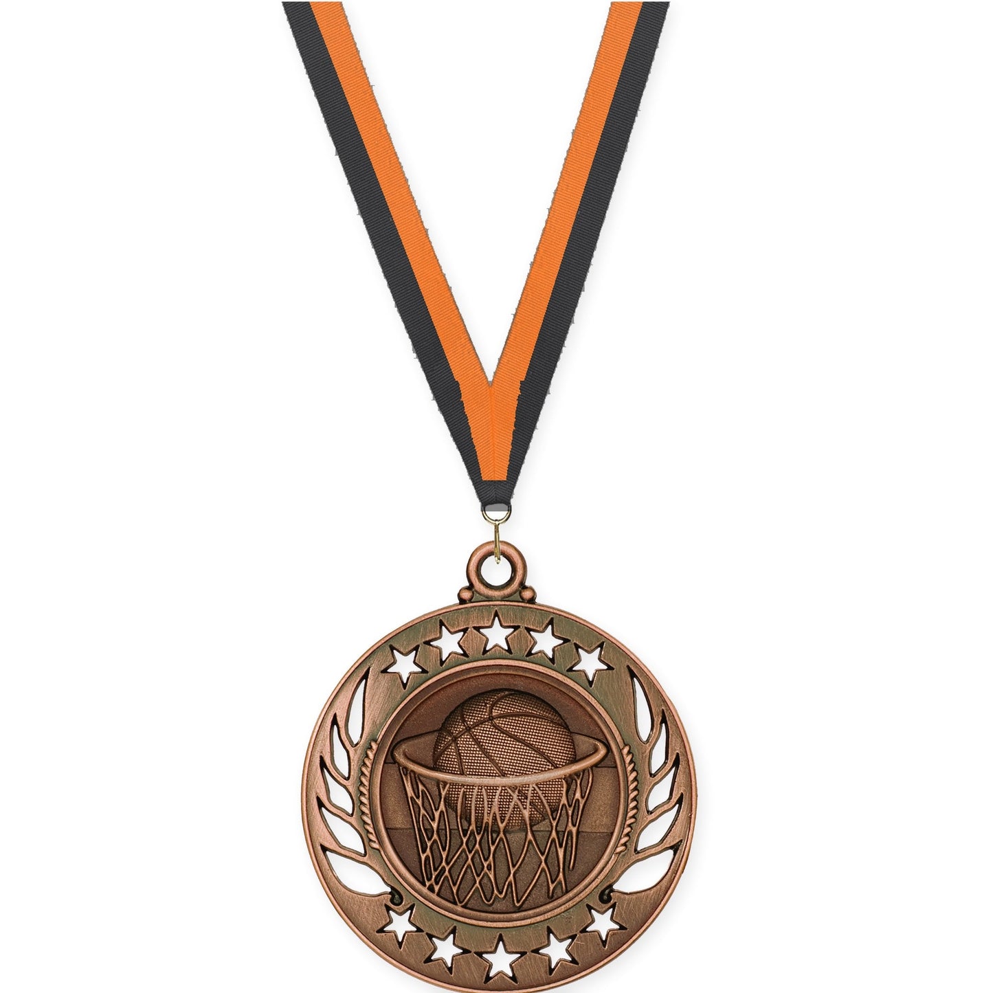 2 1/4 inch basketball Galaxy medal in antique bronze with Black Orange neck ribbon