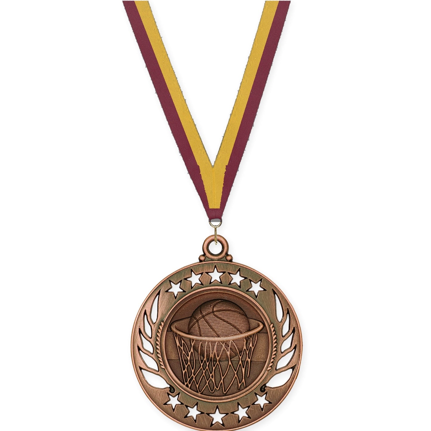 2 1/4 inch basketball Galaxy medal in antique bronze with Maroon Gold neck ribbon