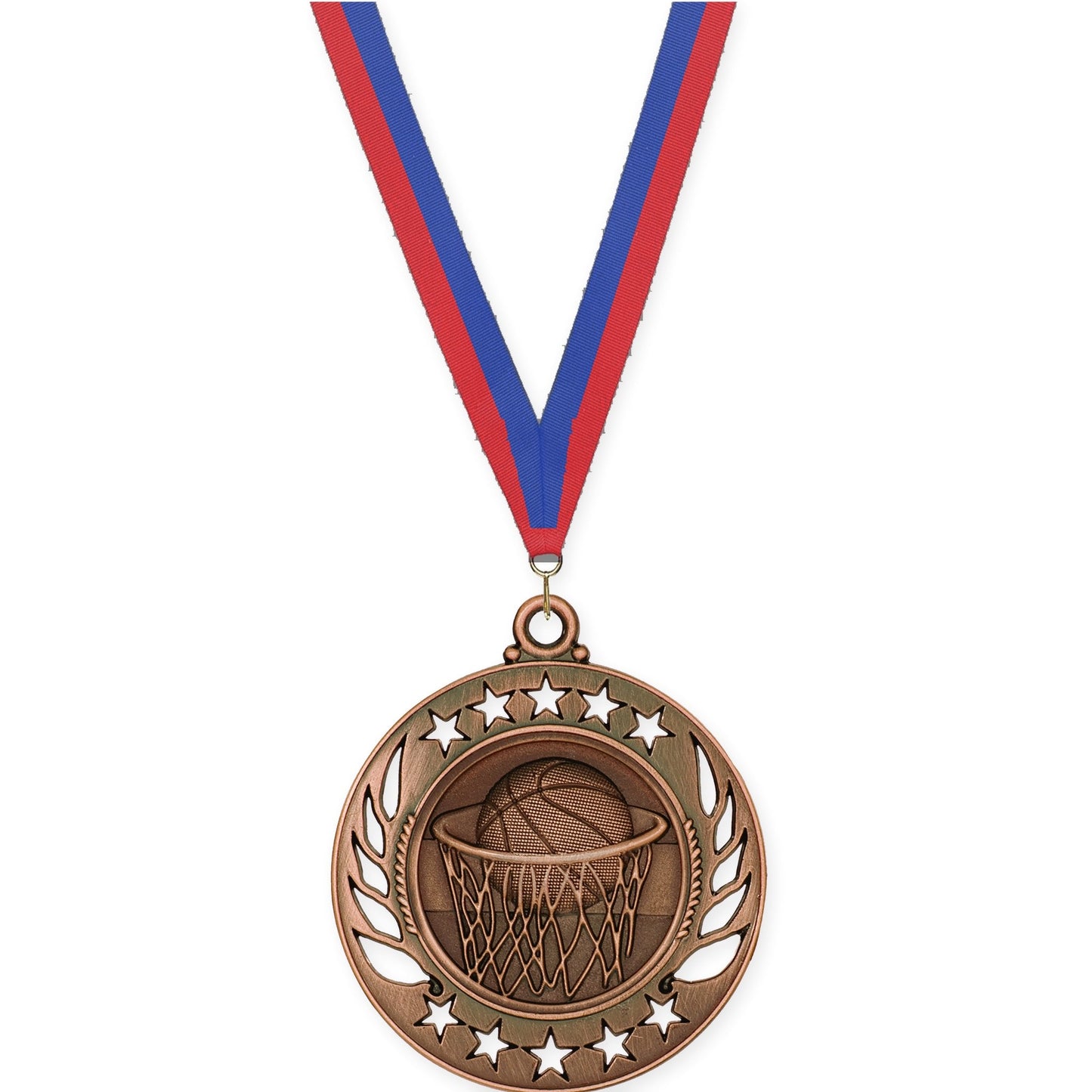 2 1/4 inch basketball Galaxy medal in antique bronze with Blue Red neck ribbon