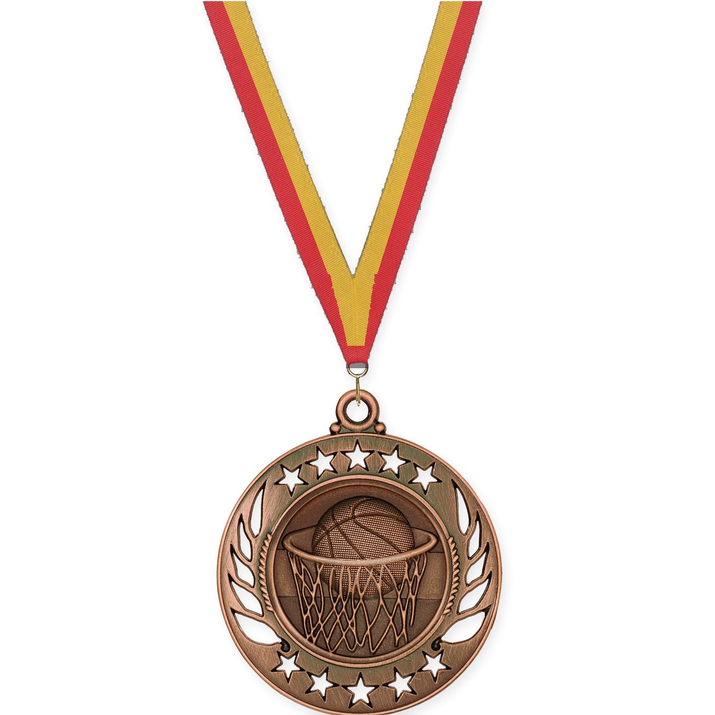2 1/4 inch basketball Galaxy medal in antique bronze with Red Gold neck ribbon