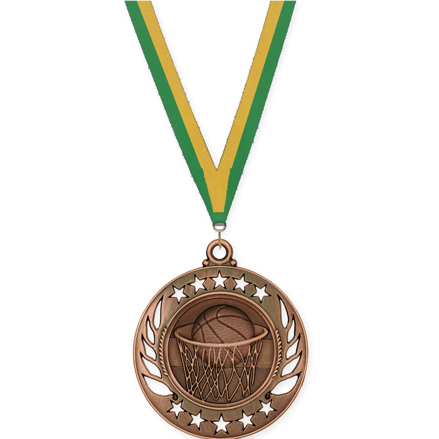 2 1/4 inch basketball Galaxy medal in antique bronze with Green Gold neck ribbon
