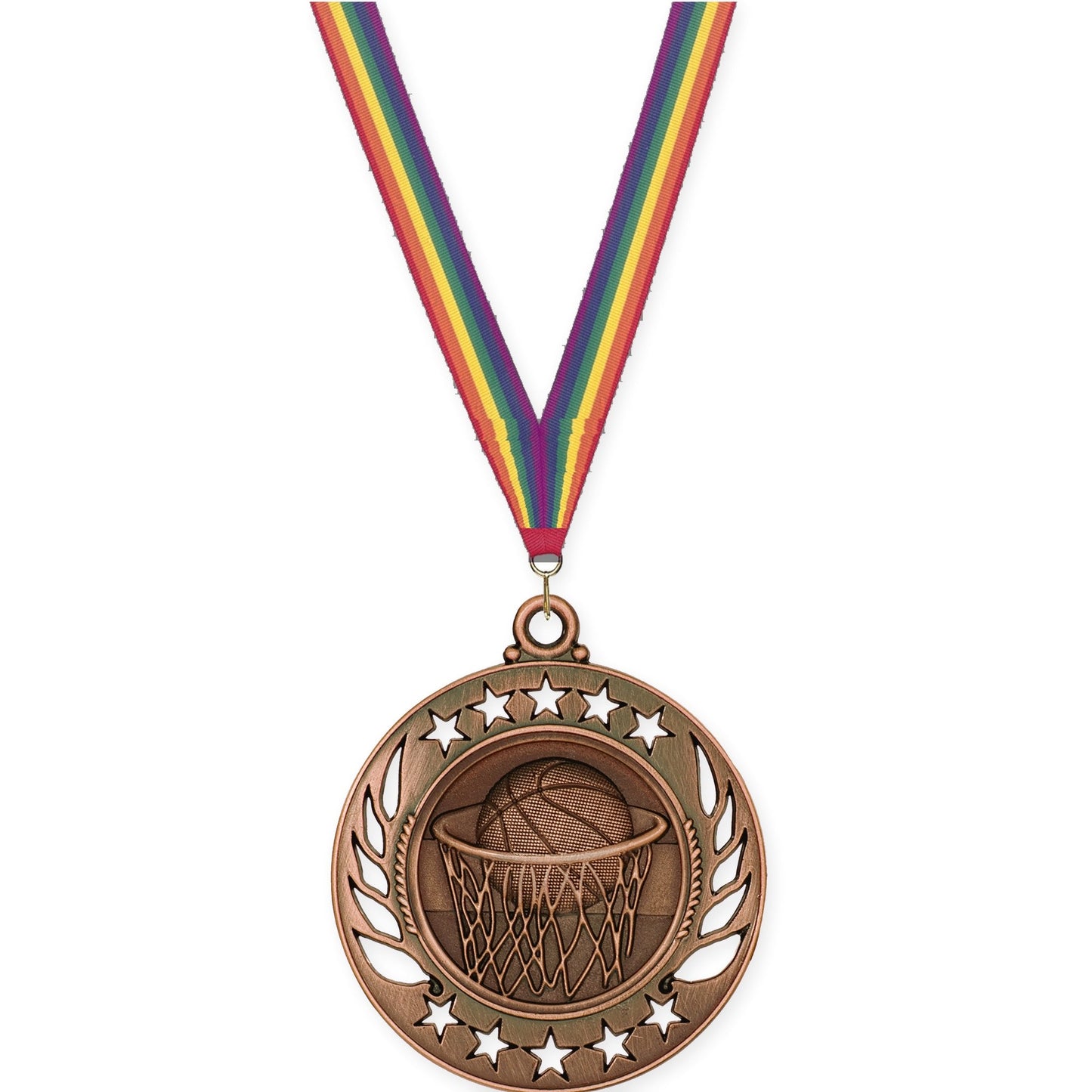 2 1/4 inch basketball Galaxy medal in antique bronze with Rainbow neck ribbon