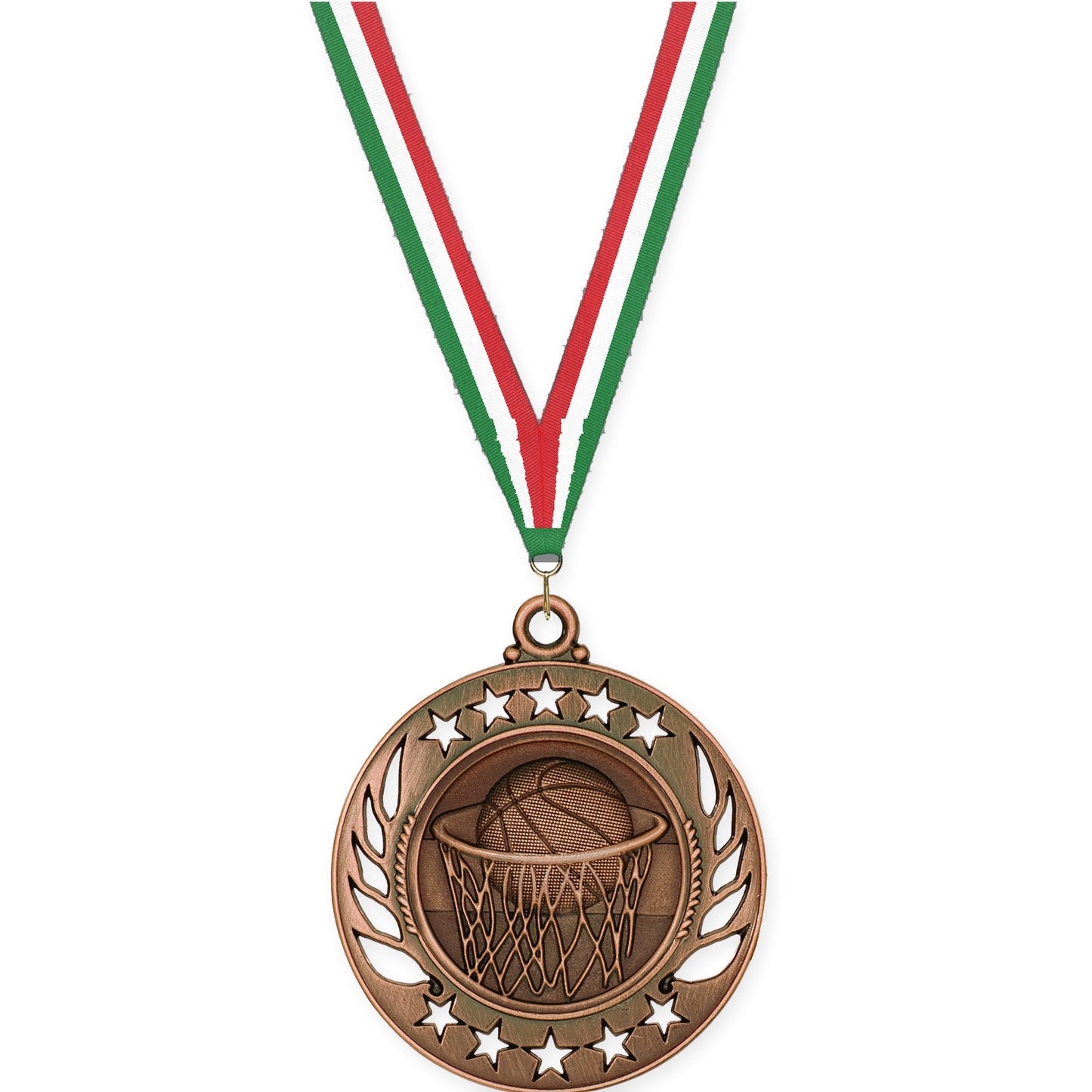 2 1/4 inch basketball Galaxy medal in antique bronze with Green White Red neck ribbon