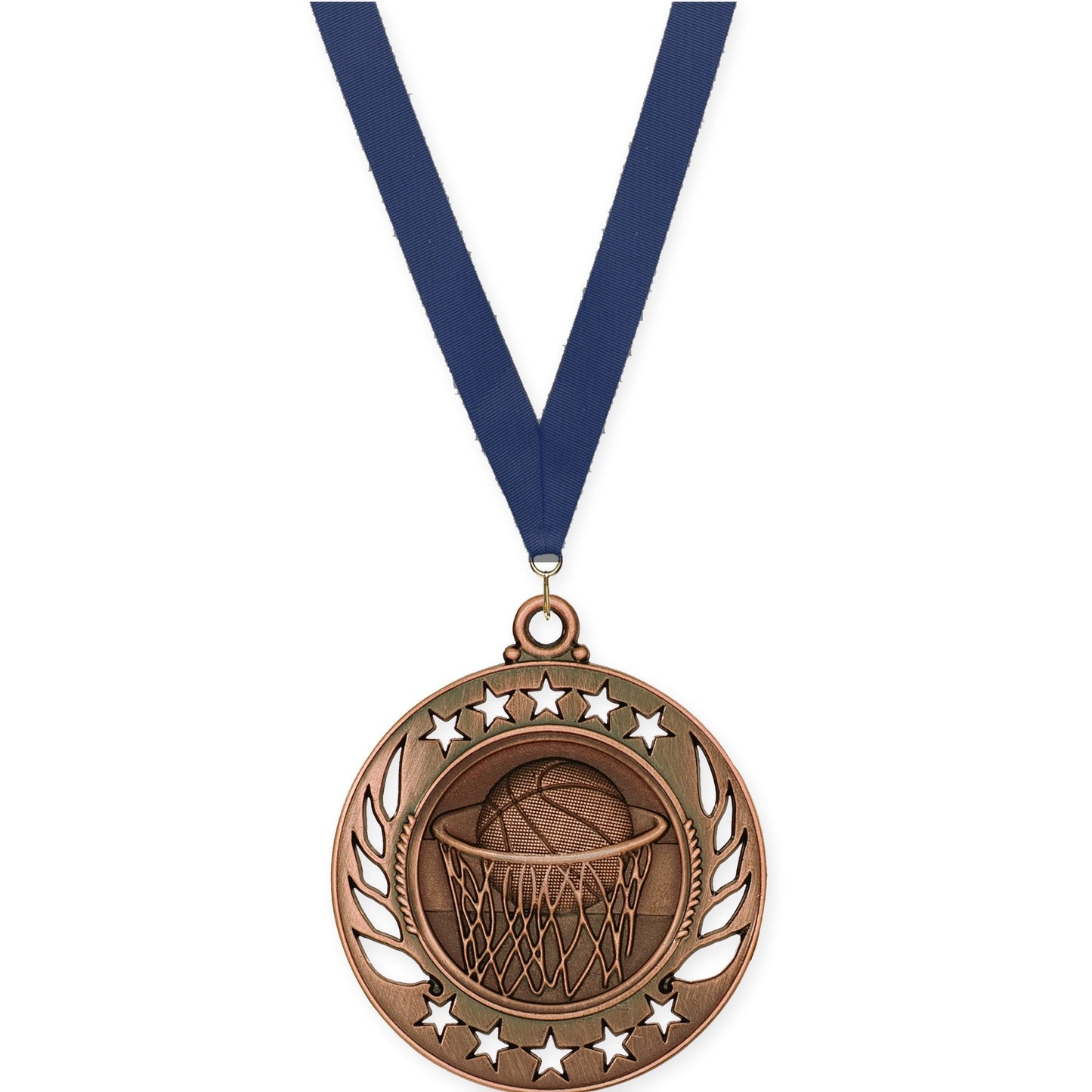 2 1/4 inch basketball Galaxy medal in antique bronze with Navy neck ribbon
